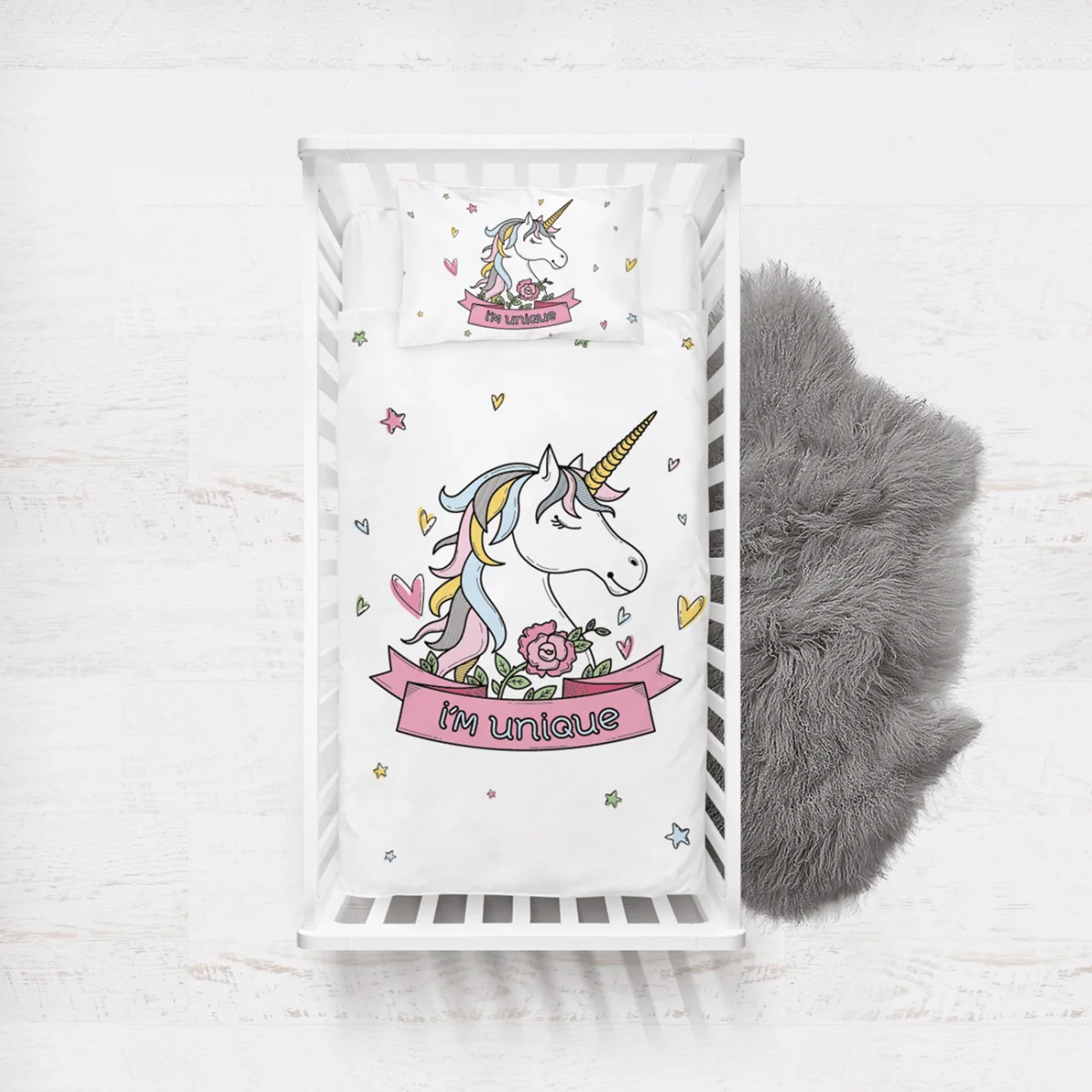 Unicorn Yatak Örtüsü ve Pike | Beyaz kalpler, yıldızlar Desenli