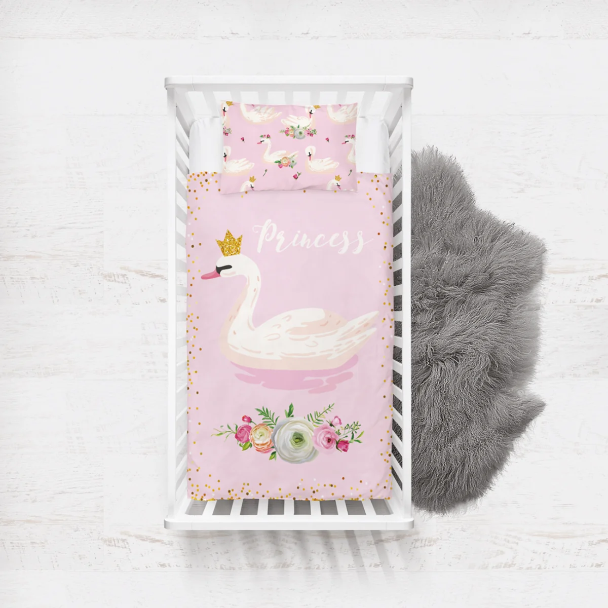 Prenses Kuğu Yatak Örtüsü ve Pike | Pembe Altın noktalar ve çiçekler Desenli