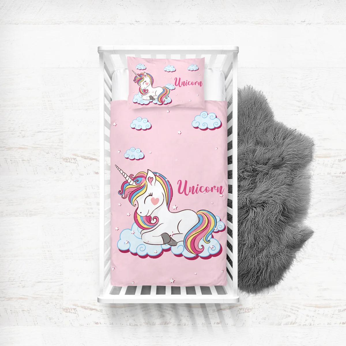 Unicorn Yatak Örtüsü ve Pike | Pembe bulut, yıldız Desenli