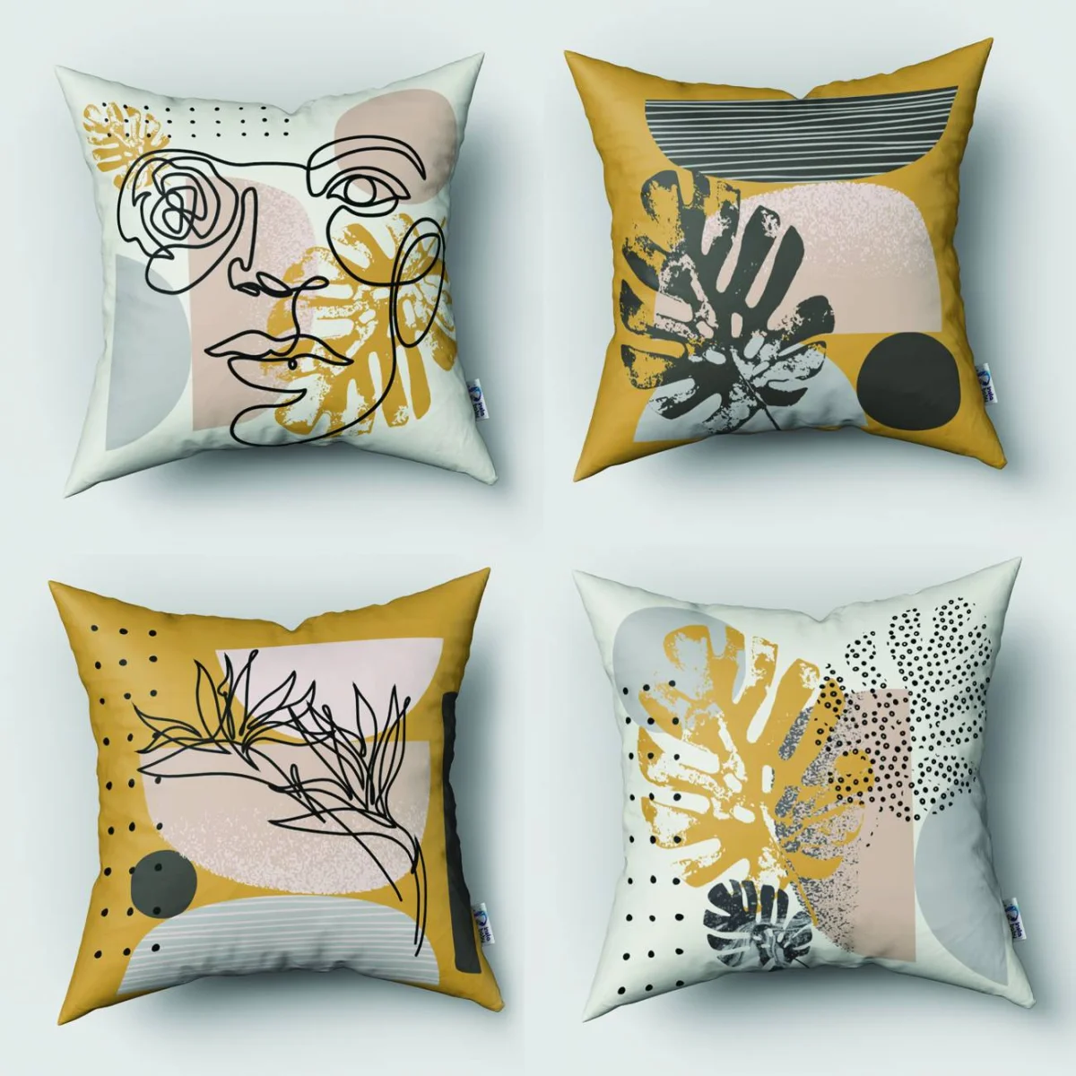 Soyut botanik 4lü Kırlent | Hardal sarısı soyut şekiller, botanik yapraklar Desenli