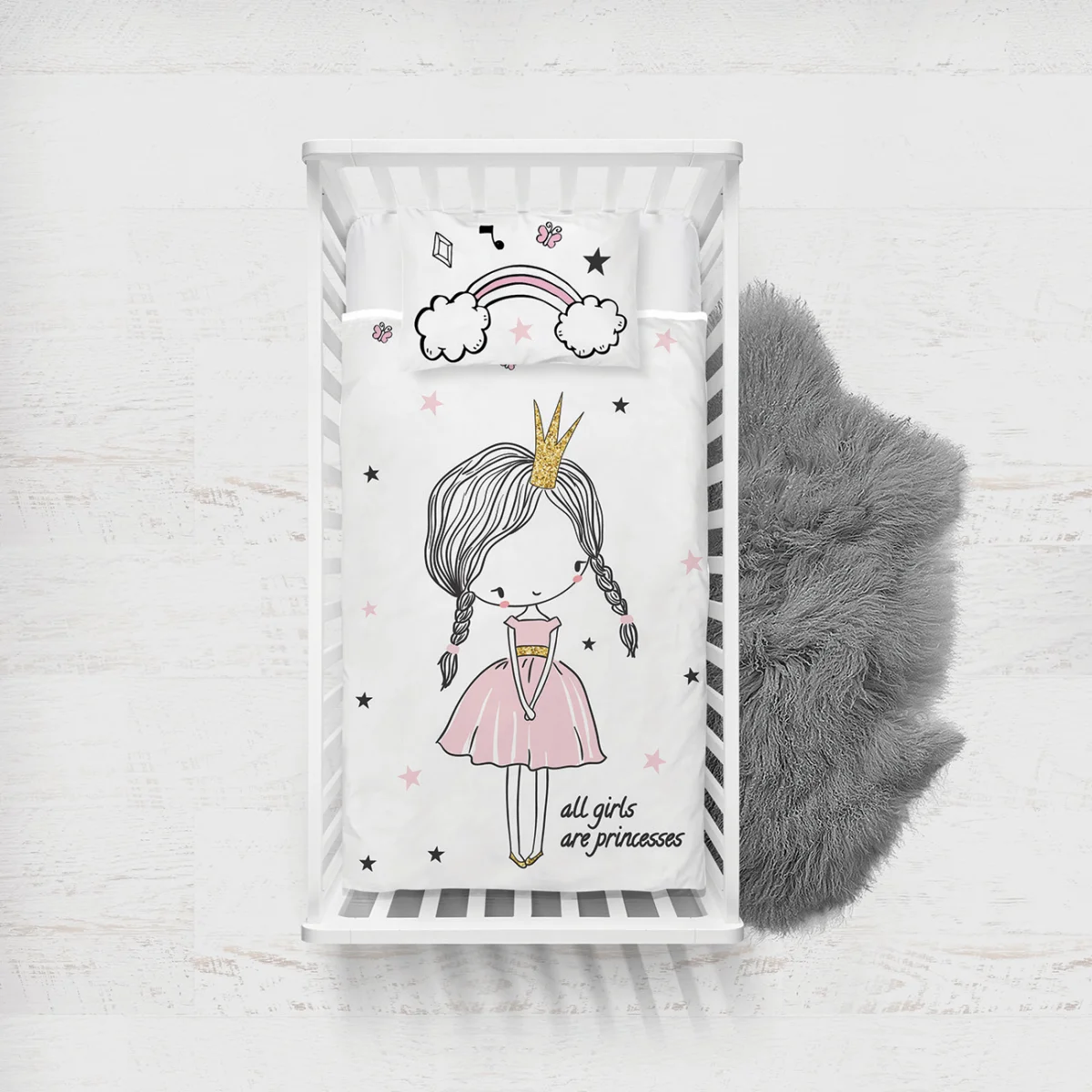 Prenses Kız Yatak Örtüsü ve Pike | Beyaz yıldızlar, bulut Desenli
