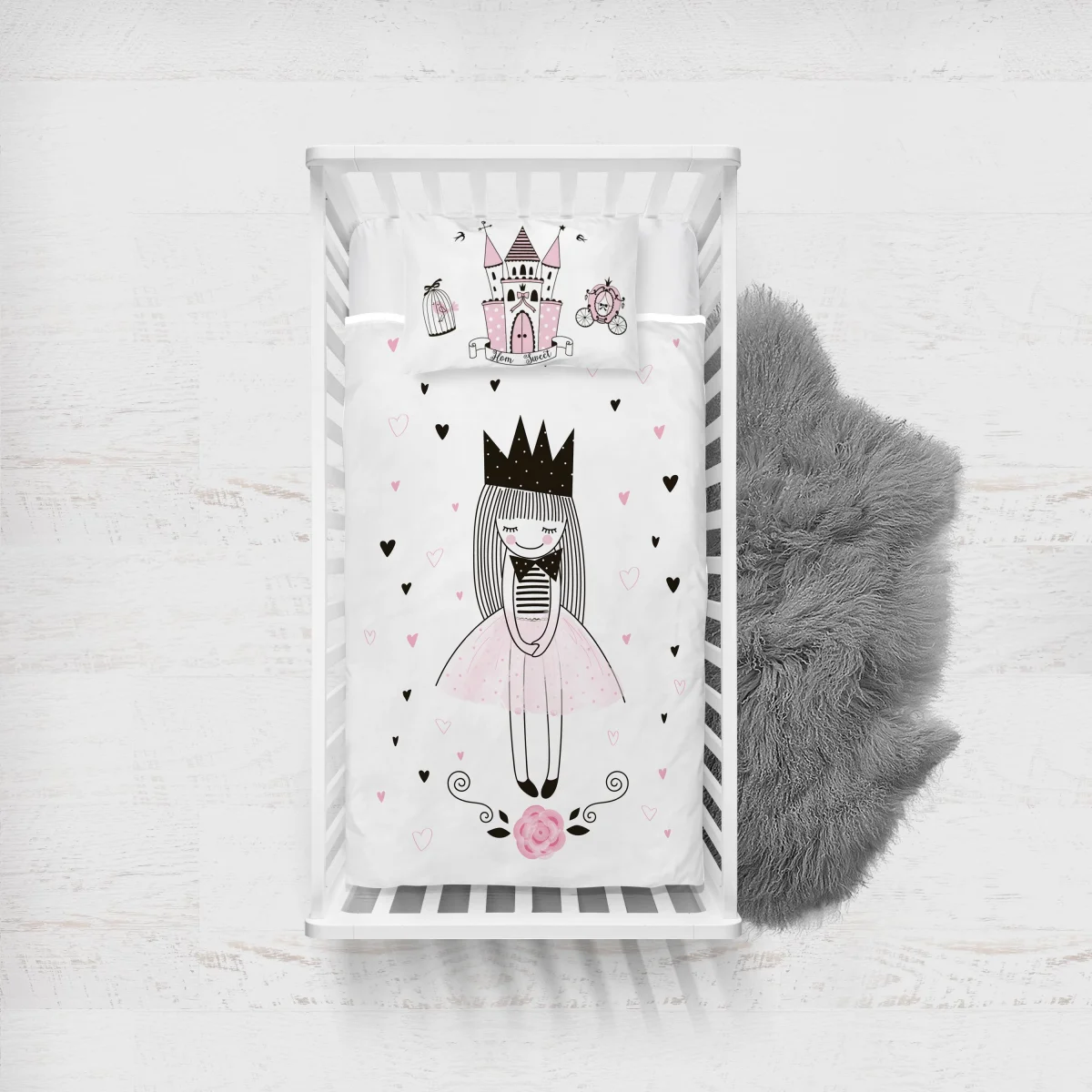 Prenses Yatak Örtüsü ve Pike | Beyaz Kalpler, kale Desenli