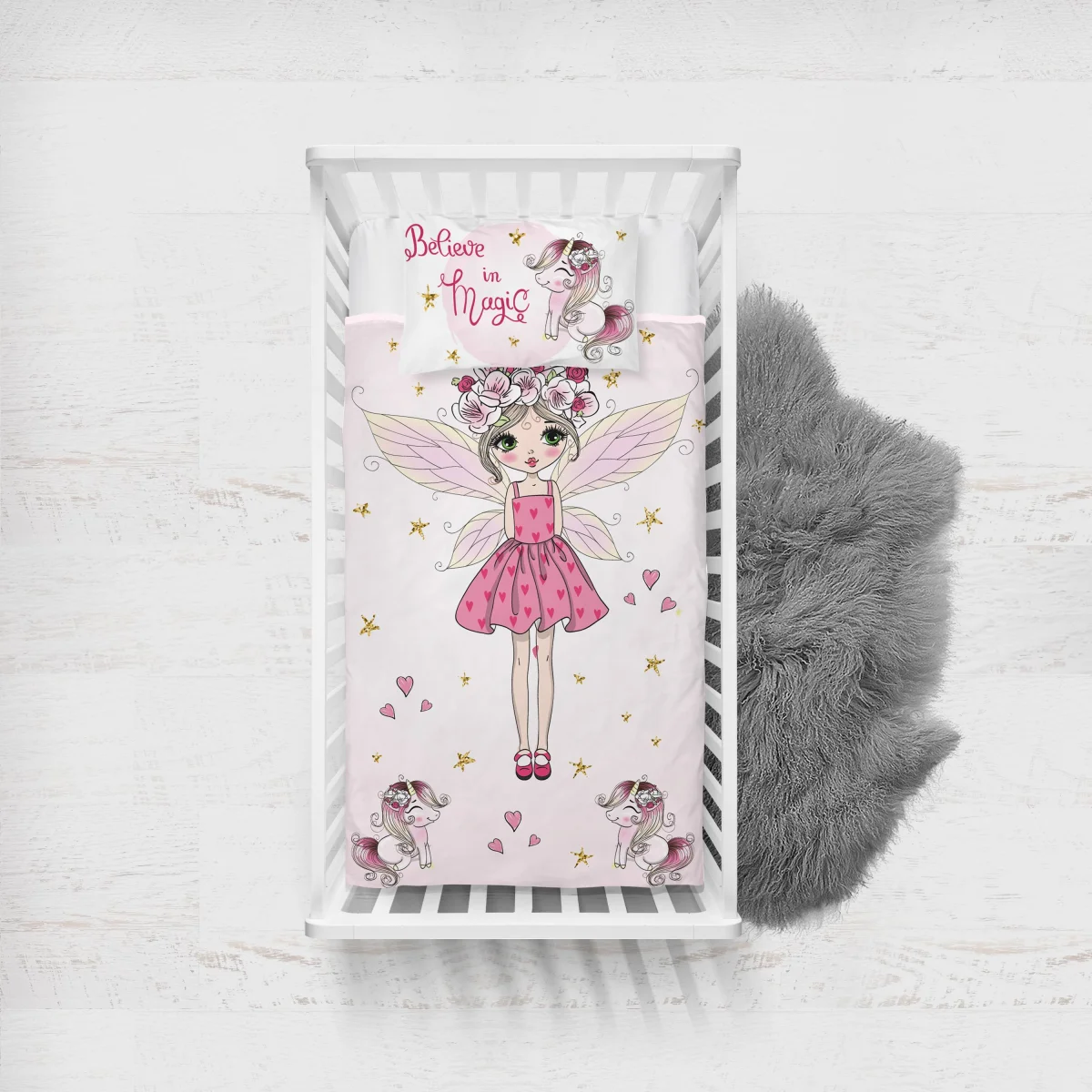 Peri, Unicorn, Sihir Yatak Örtüsü ve Pike | Beyaz yıldız, kalp Desenli