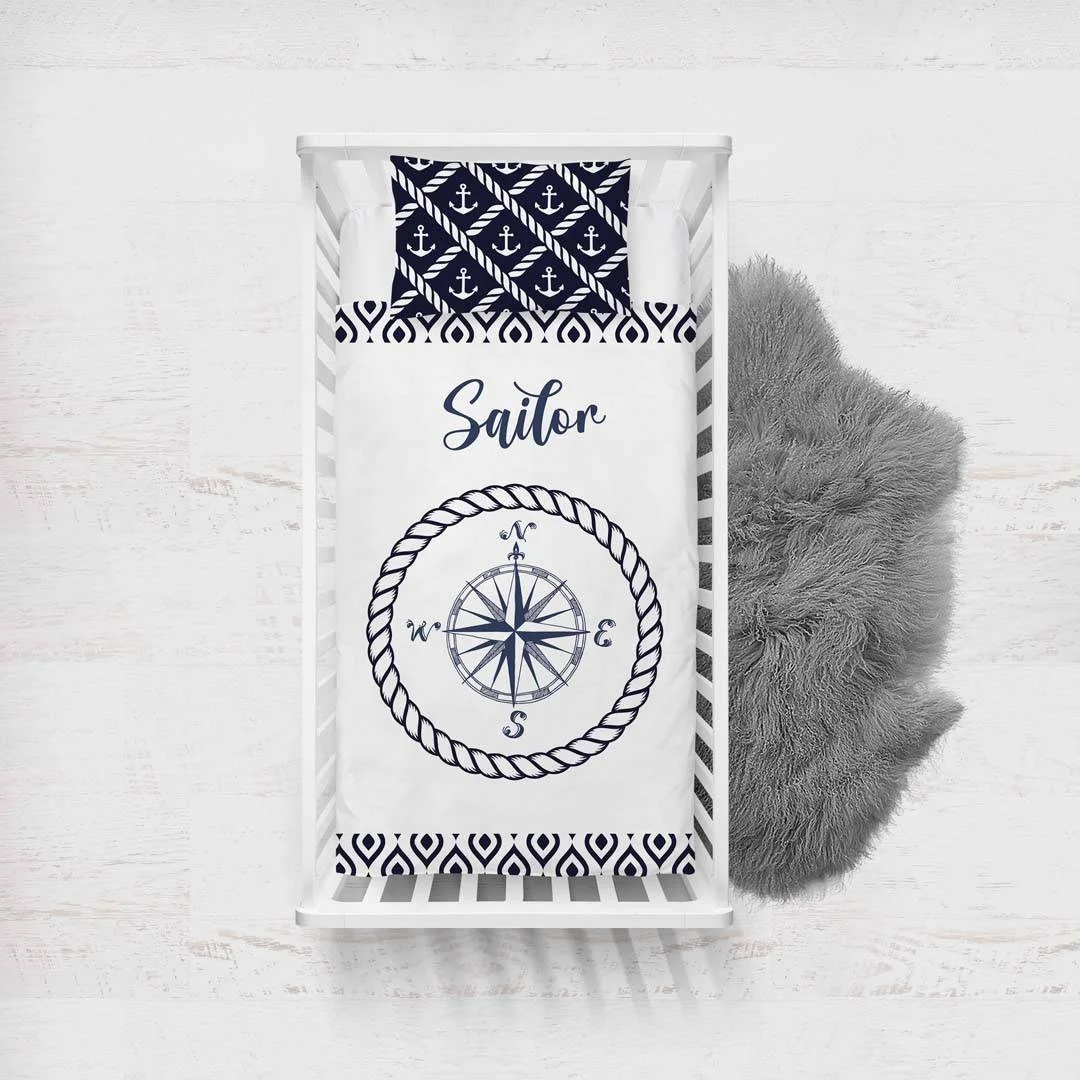 Denizci Yatak Örtüsü ve Pike | Beyaz Çapa, pusula Desenli