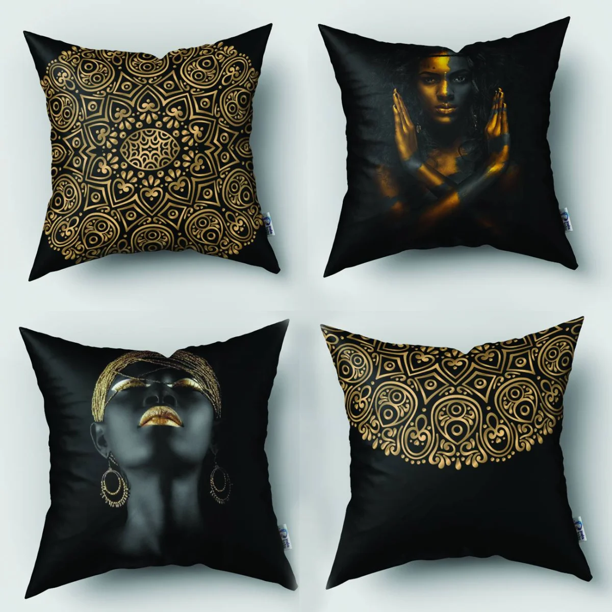 Etnik Afrika Temalı 4lü Kırlent | Siyah Altın detaylı etnik desenler ve stilize kadın figürleri D...