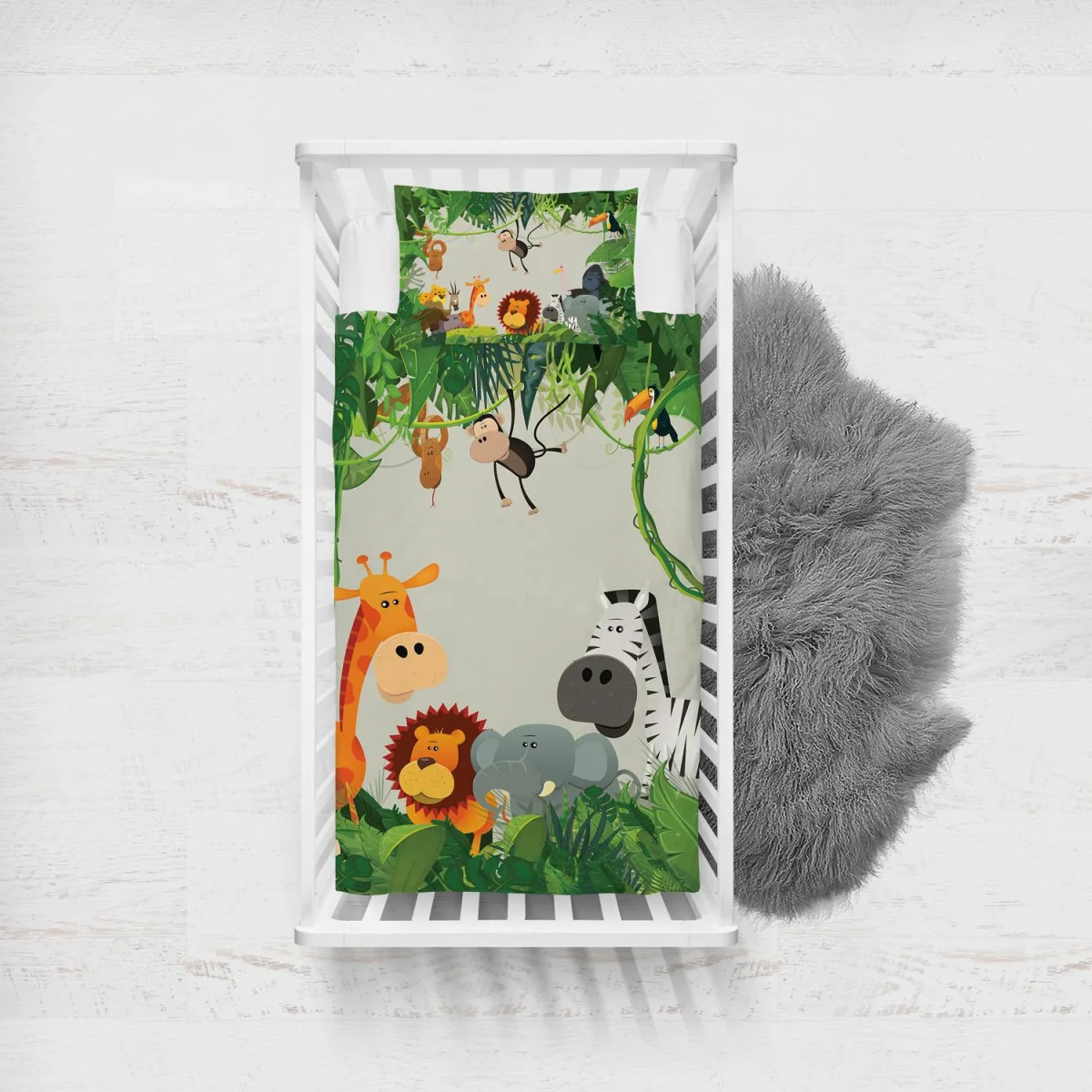 Orman Hayvanları Yatak Örtüsü ve Pike | Açık Gri yeşil yapraklar ve sarmaşıklar Desenli