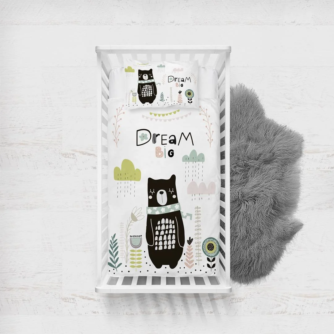 Ayı Yatak Örtüsü ve Pike | Beyaz Bulutlar, yapraklar Desenli