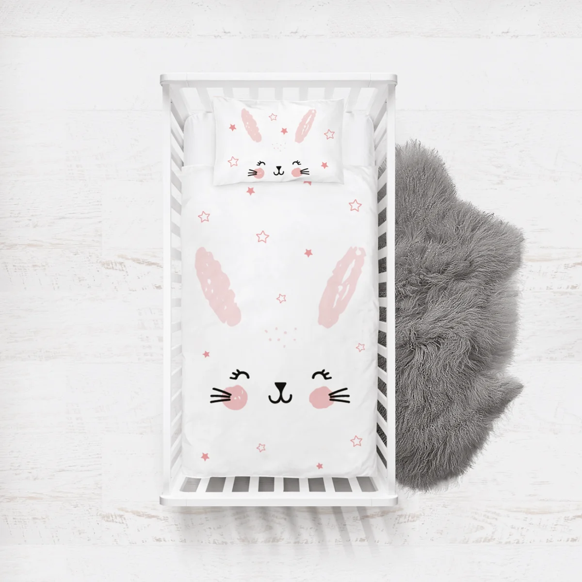 Tavşan Yatak Örtüsü ve Pike | Beyaz pembe ve çerçeveli yıldızlar Desenli