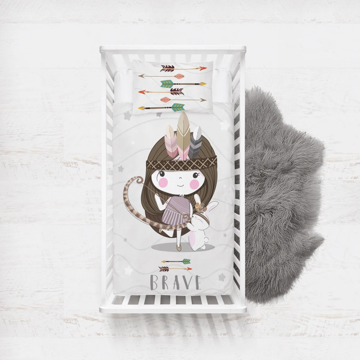 Yerli kız ve tavşan Yatak Örtüsü ve Pike | Beyaz yıldızlar, dalgalı çizgiler Desenli