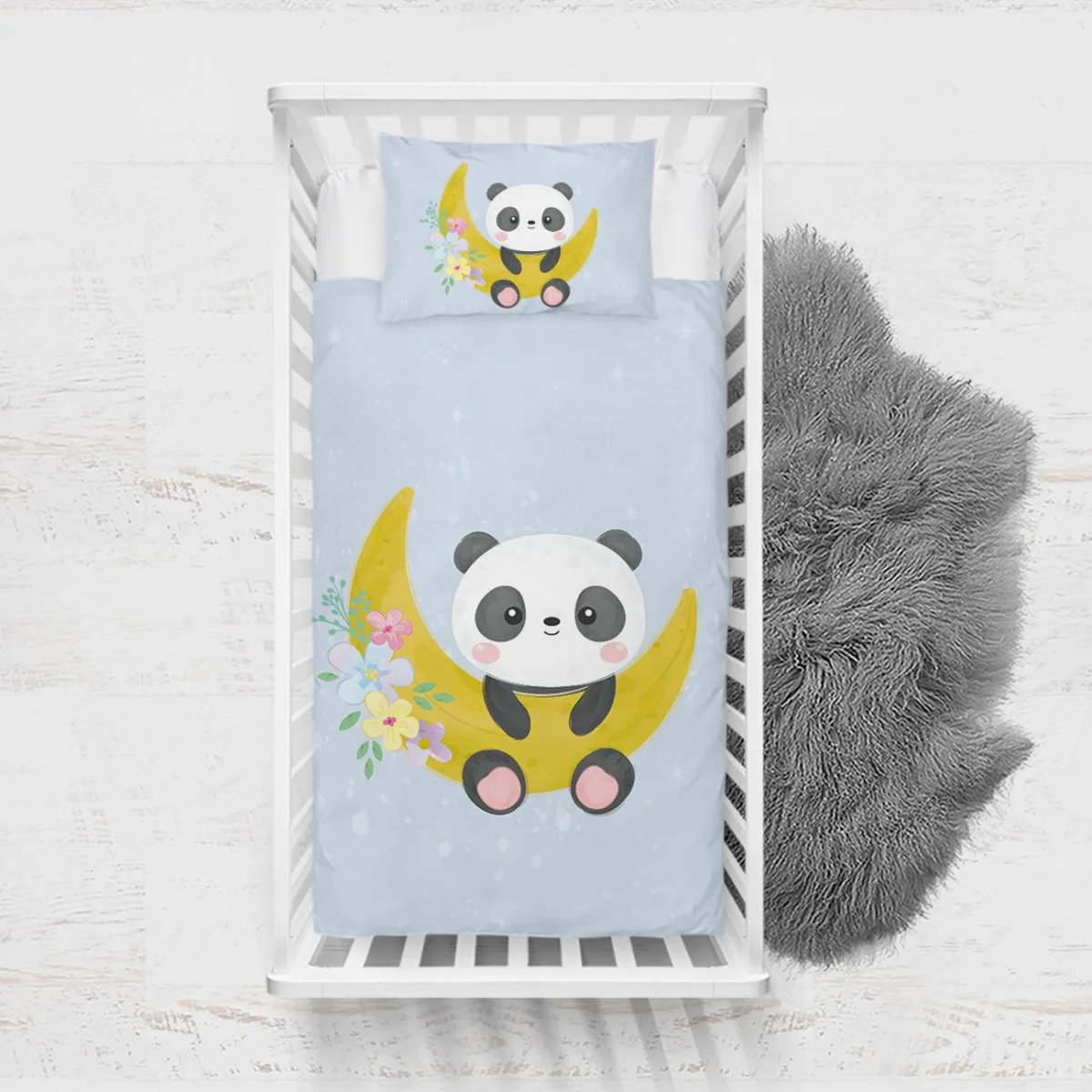 Panda, Ay Yatak Örtüsü ve Pike | Mavi yıldız, çiçekler Desenli