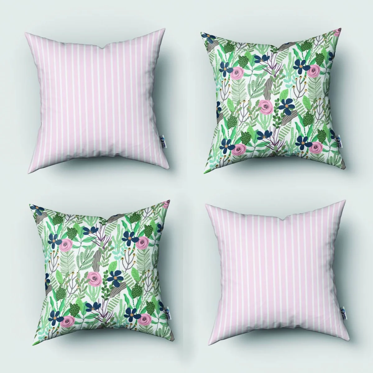 Çiçekler ve bitkiler 4lü Kırlent | Pembe Çiçekler, yapraklar Desenli