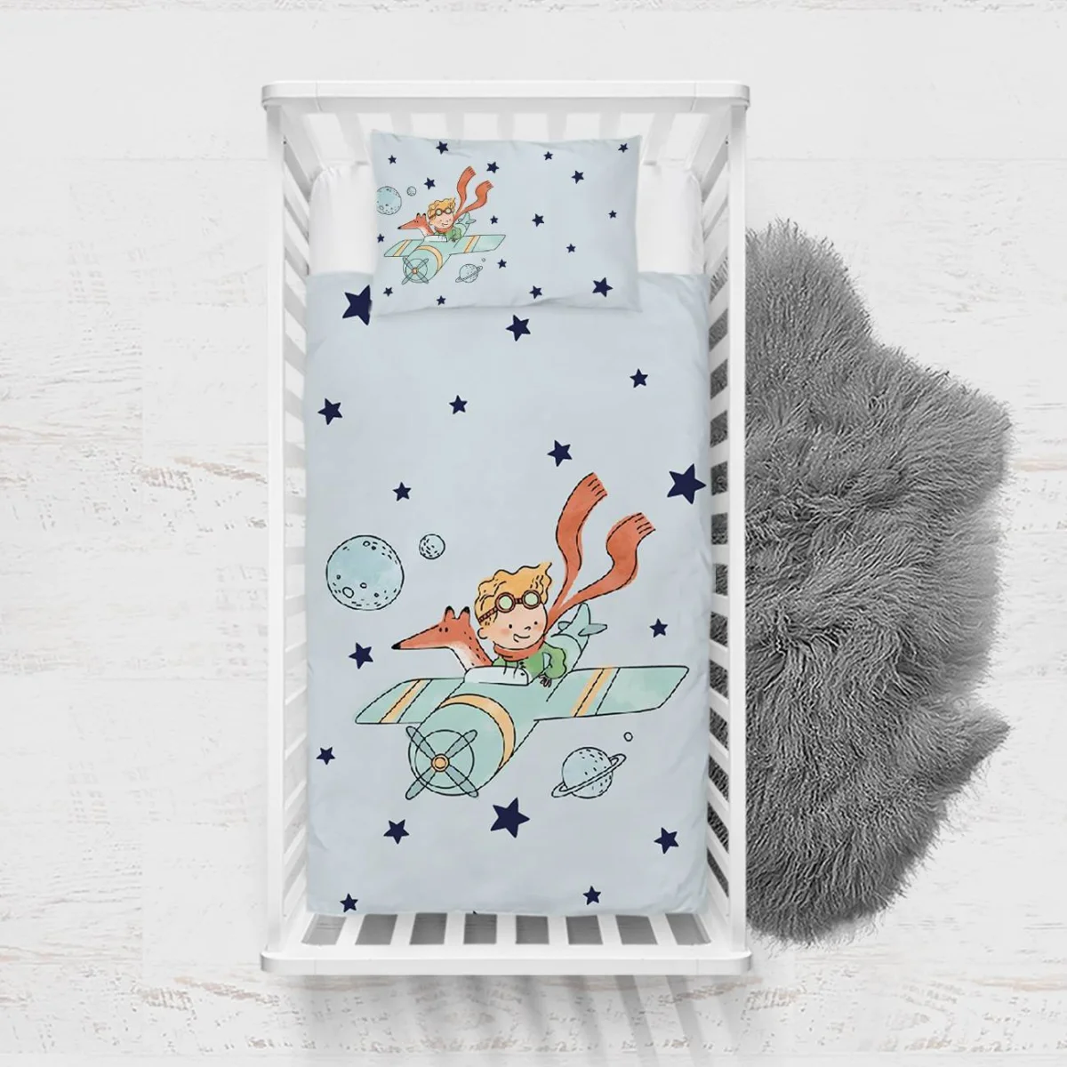 Uzay, Küçük Prens ve tilki Yatak Örtüsü ve Pike | Mavi yıldızlar, gezegenler Desenli