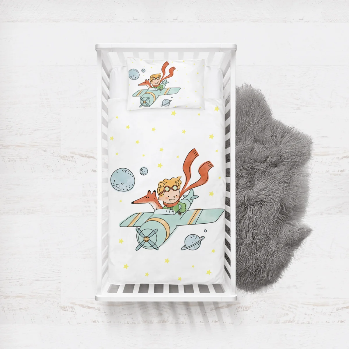 Küçük Prens, Uzay Yatak Örtüsü ve Pike | Beyaz yıldızlar, gezegenler Desenli