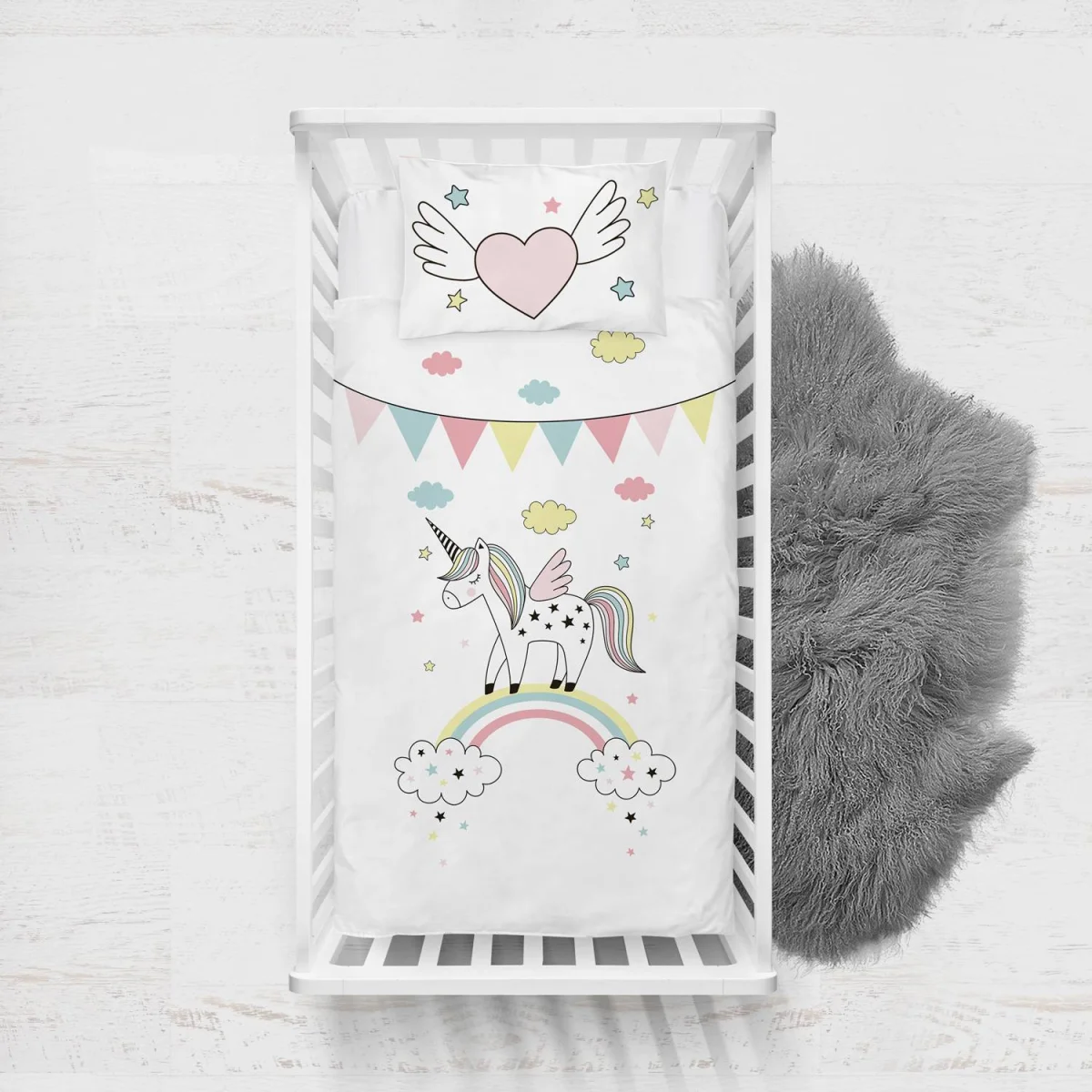 Unicorn Yatak Örtüsü ve Pike | Beyaz yıldız, bulut Desenli