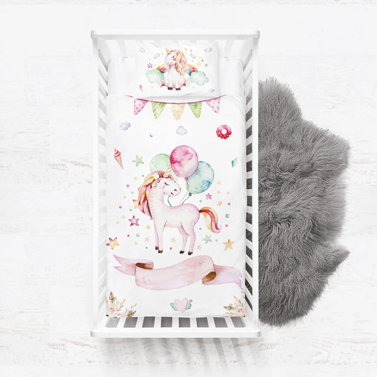 Unicorn Yatak Örtüsü ve Pike | Beyaz balon, yıldız Desenli