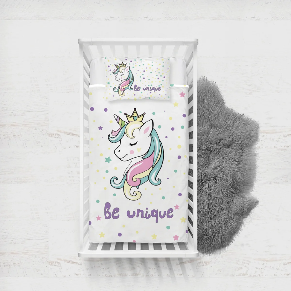 Unicorn Yatak Örtüsü ve Pike | Beyaz yıldızlar, renkli puantiyeler Desenli