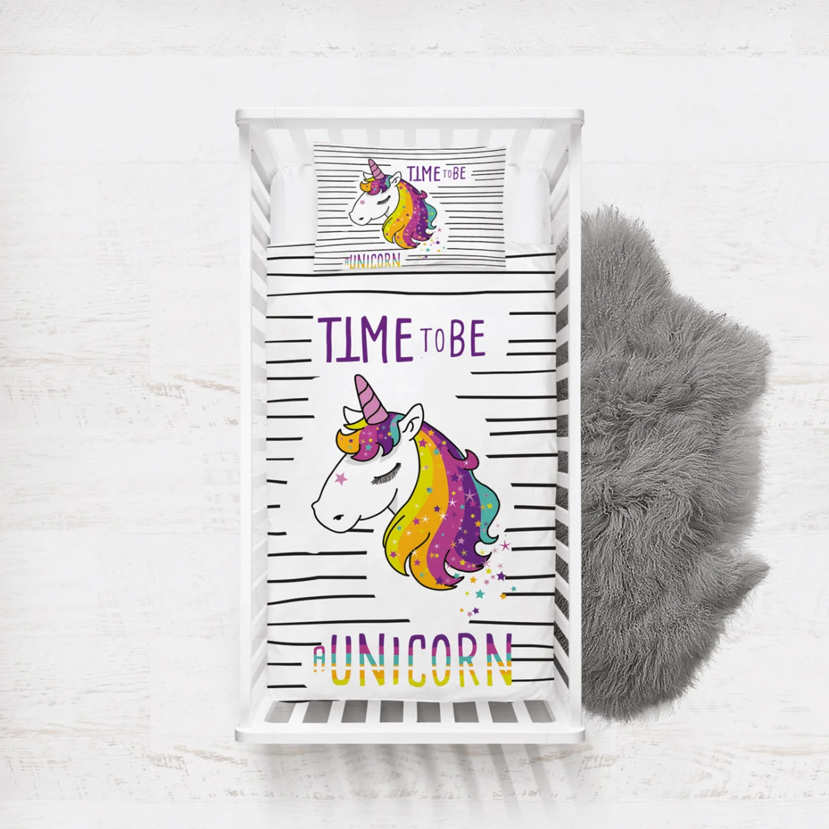 Unicorn Yatak Örtüsü ve Pike | Beyaz Yatay çizgiler, yıldızlar Desenli