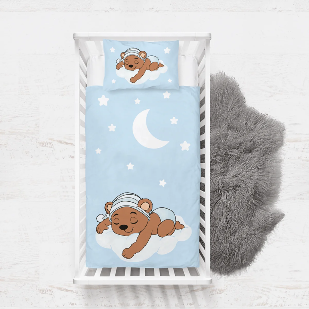 Ayıcık Yatak Örtüsü ve Pike | Mavi yıldızlar, bulut Desenli