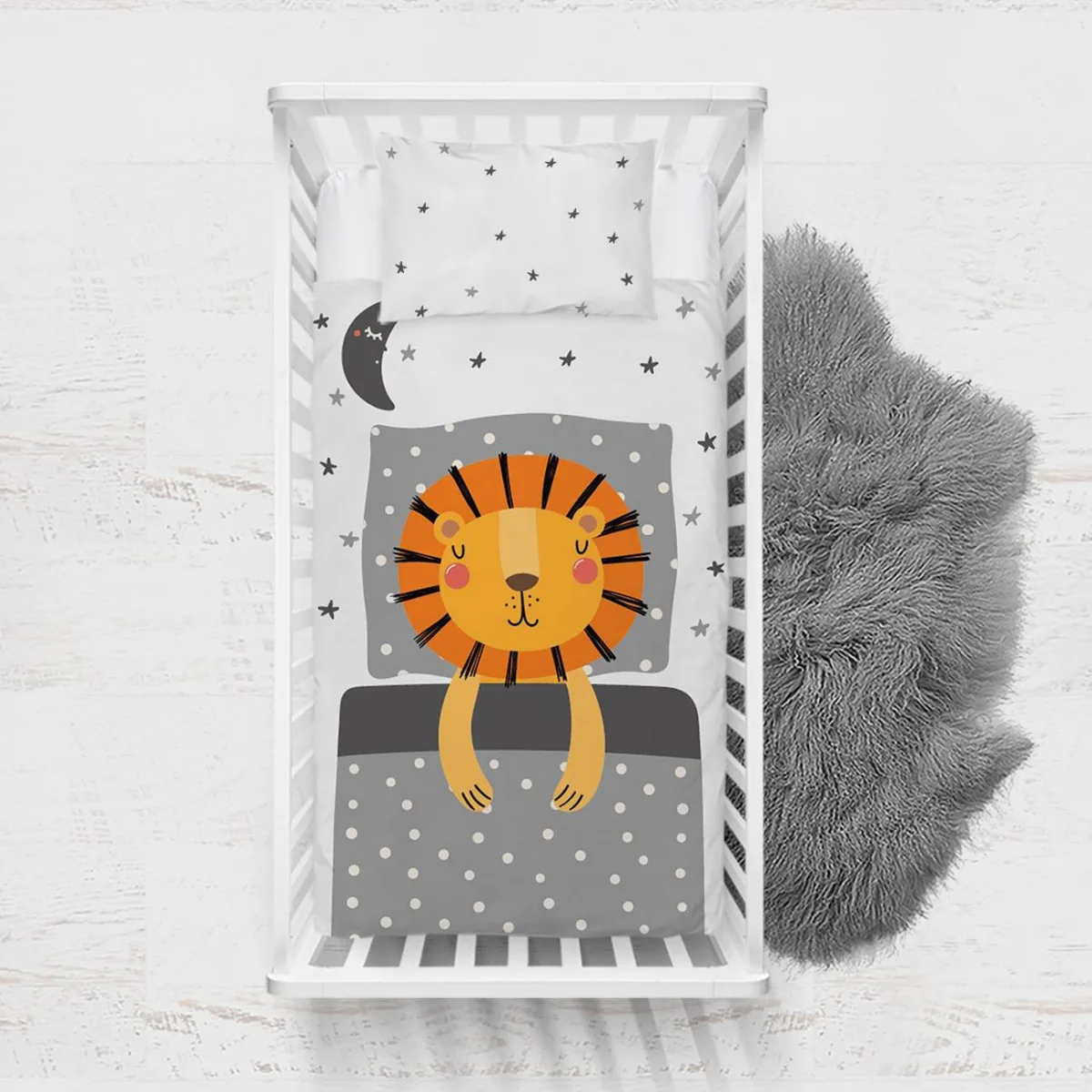 Aslan, Orman Hayvanları Yatak Örtüsü ve Pike | Gri, Beyaz yıldız, ay Desenli