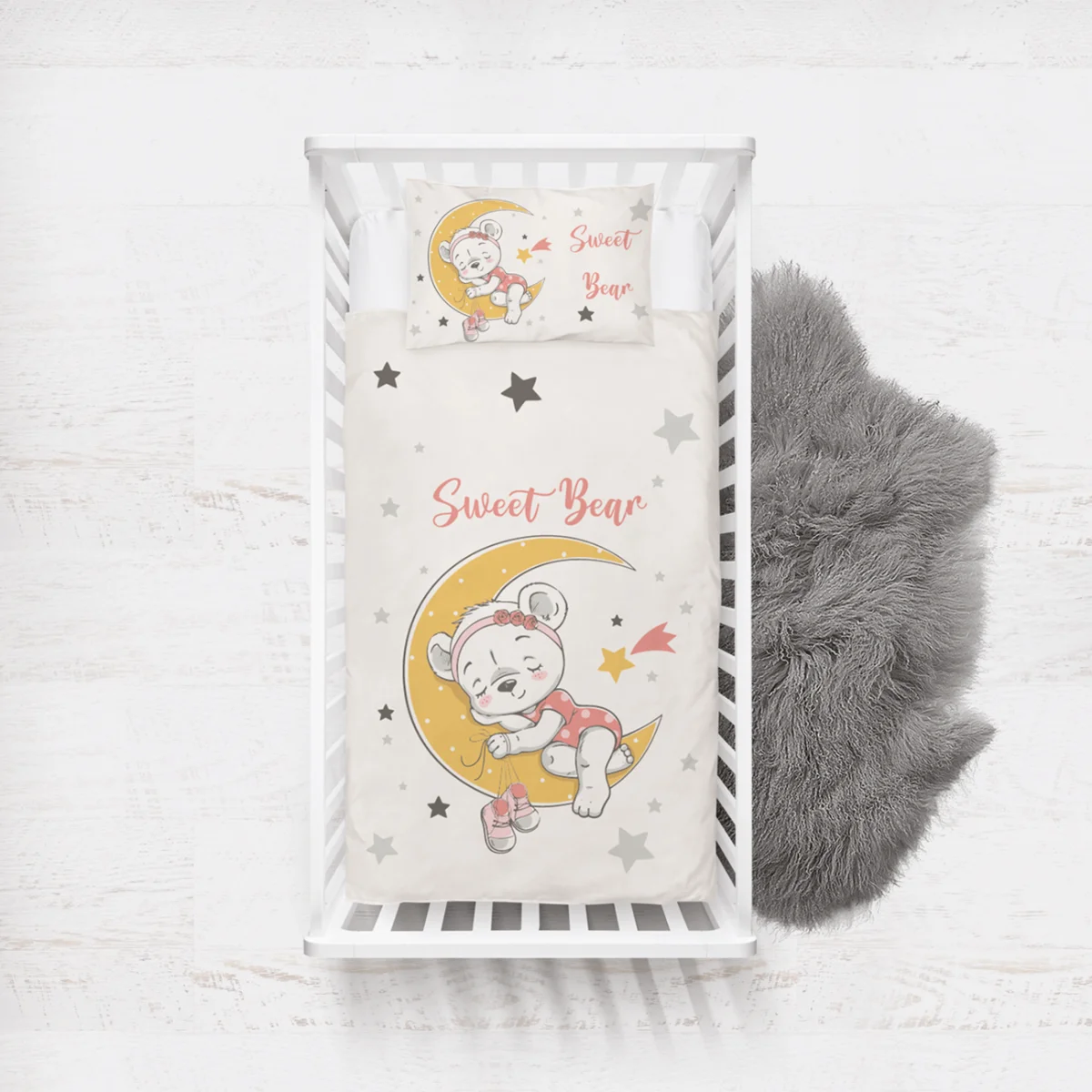 Uyuyan ayıcık, ay Yatak Örtüsü ve Pike | Beyaz Yıldızlar, kayan yıldız Desenli