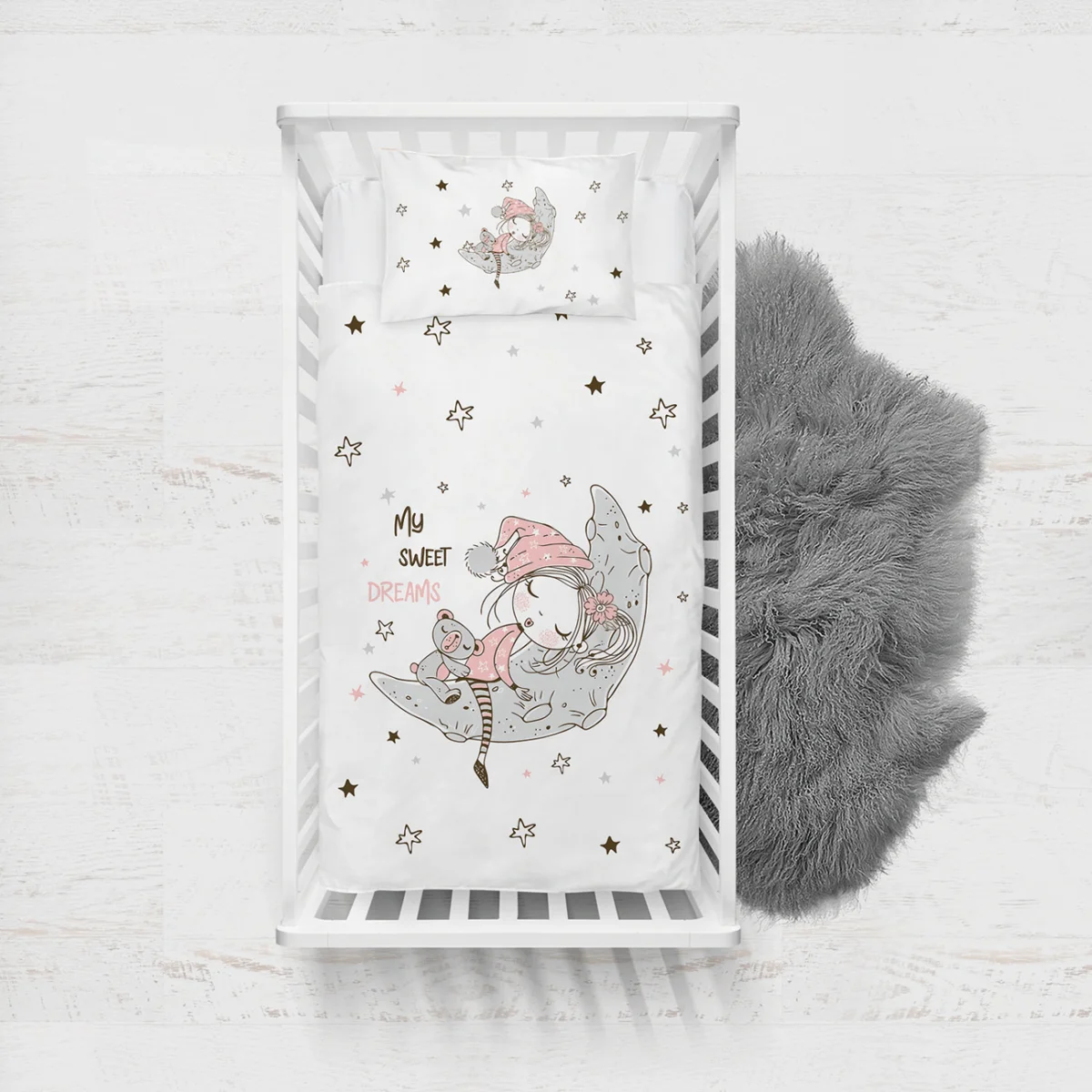 Uyuyan kız ve ay Yatak Örtüsü ve Pike | Beyaz yıldızlar, ay Desenli