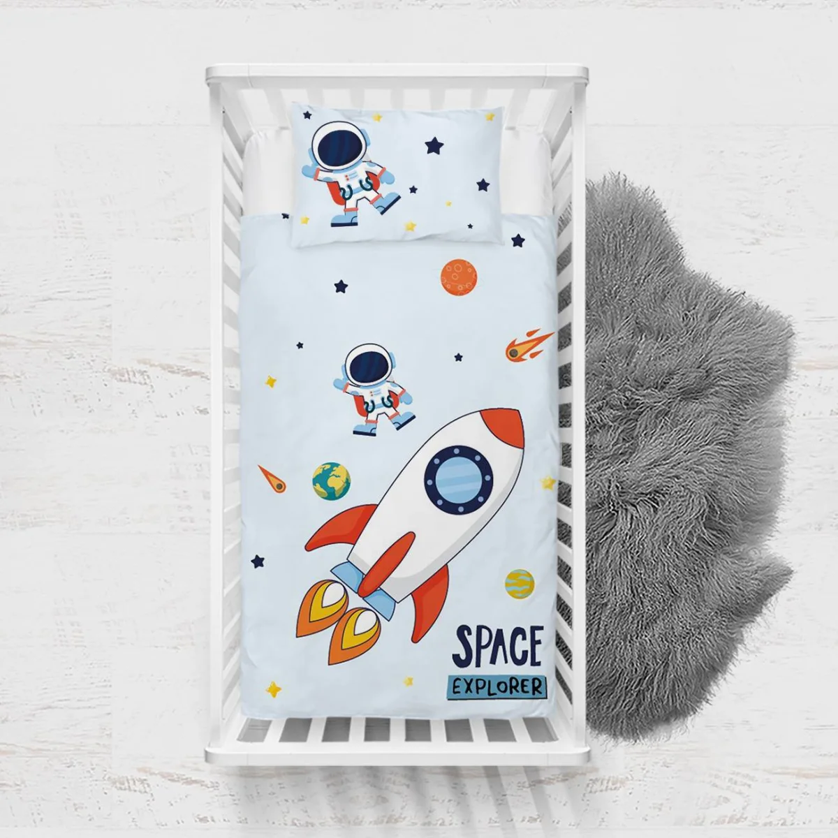 Uzay Yatak Örtüsü ve Pike | Açık Mavi Astronot, roket Desenli