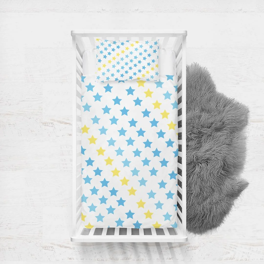 Yıldızlar Yatak Örtüsü ve Pike | Beyaz Mavi ve sarı yıldızlar Desenli