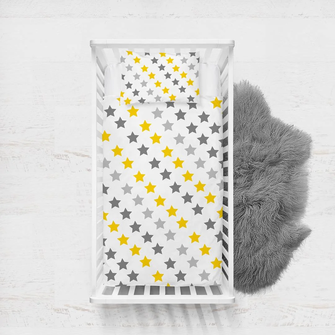 Yıldız Yatak Örtüsü ve Pike | Beyaz sarı ve gri yıldızlar Desenli