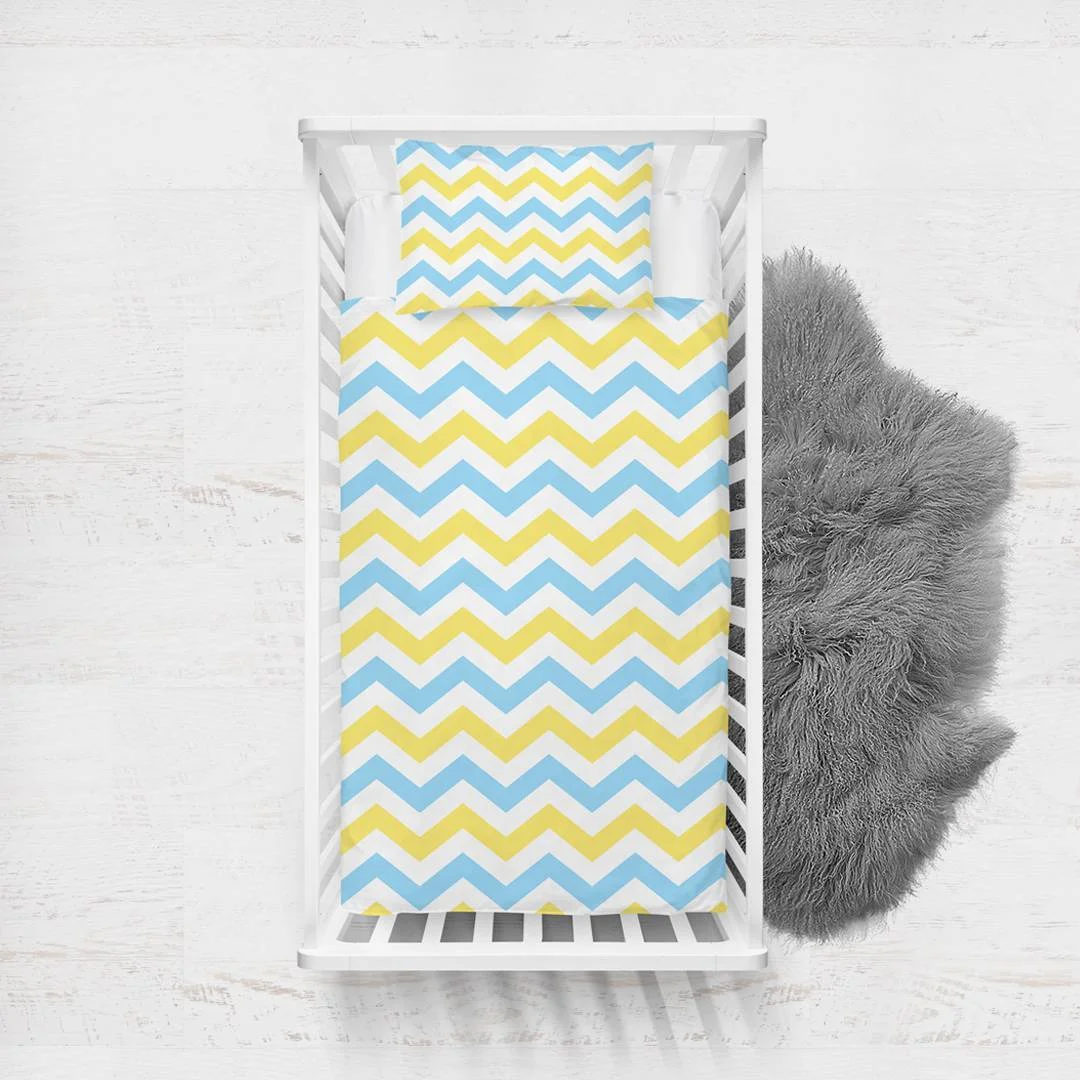 Geometrik Yatak Örtüsü ve Pike | Mavi, Sarı Zigzag desen Desenli