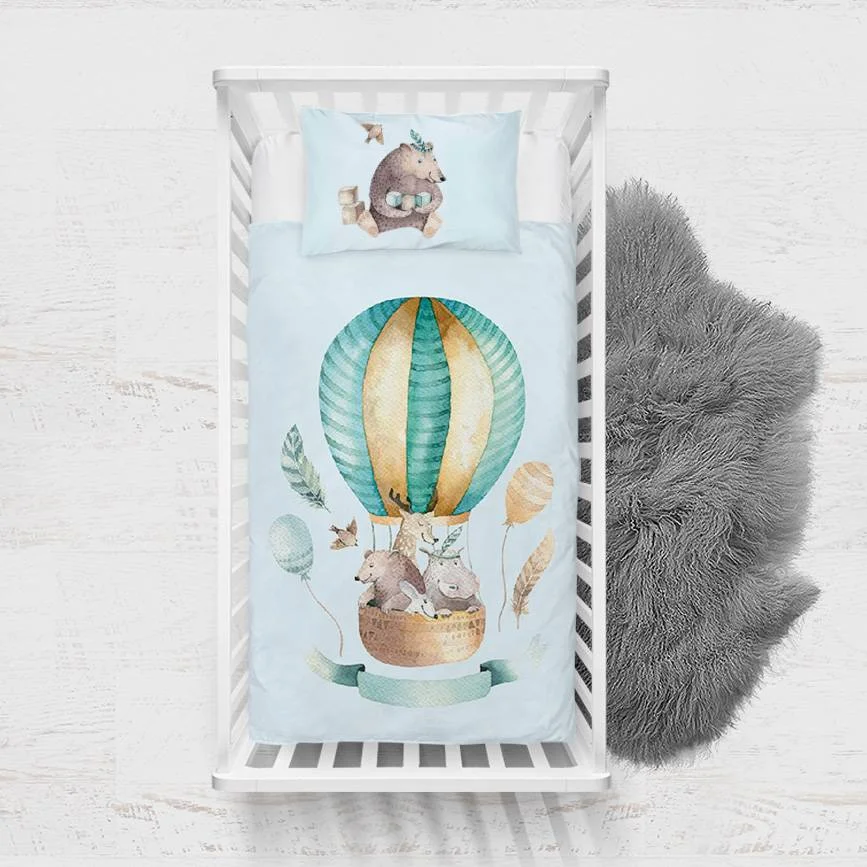Orman Hayvanları Yatak Örtüsü ve Pike | Mavi Sıcak hava balonu, tüyler Desenli