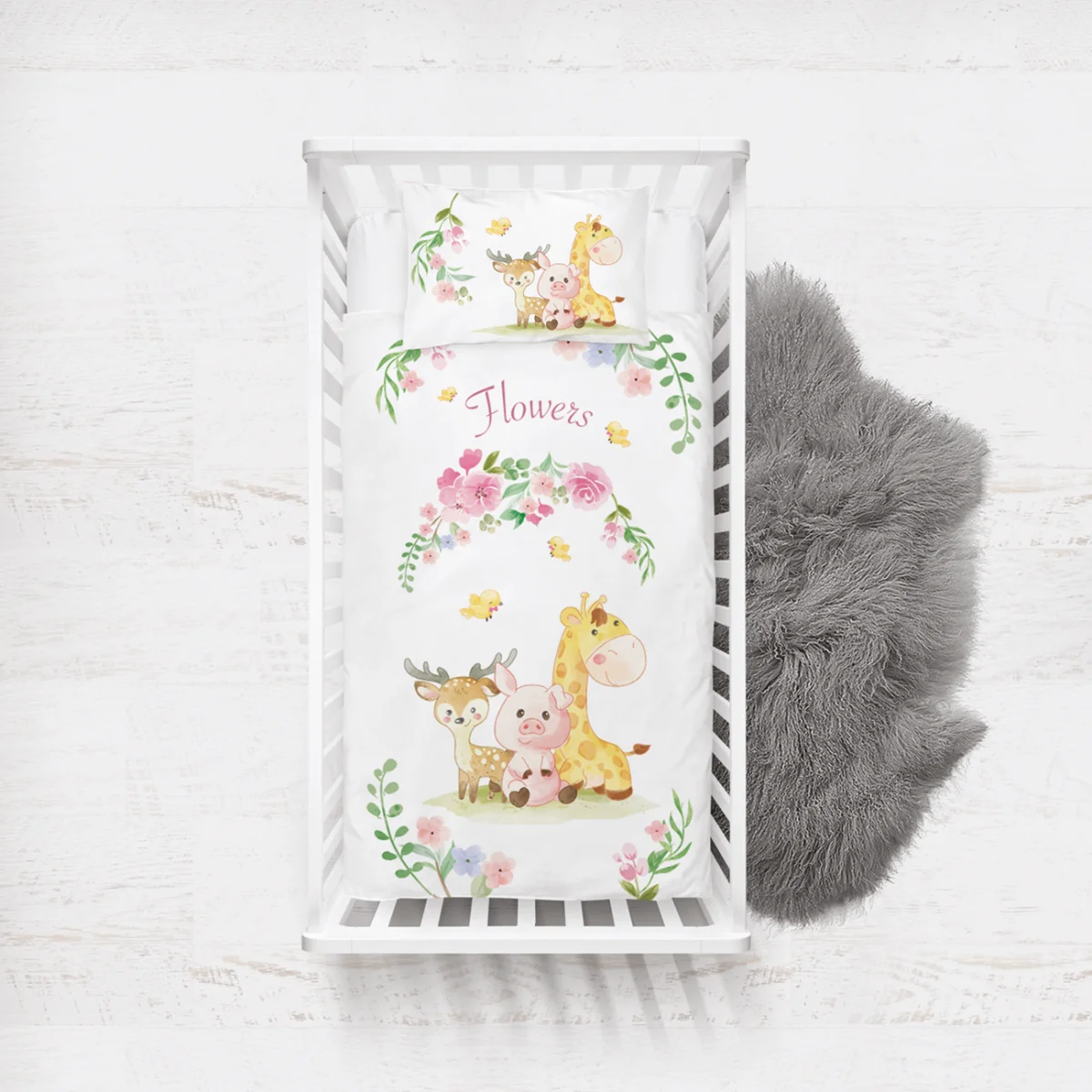 Orman Hayvanları Yatak Örtüsü ve Pike | Beyaz çiçekler, yapraklar Desenli