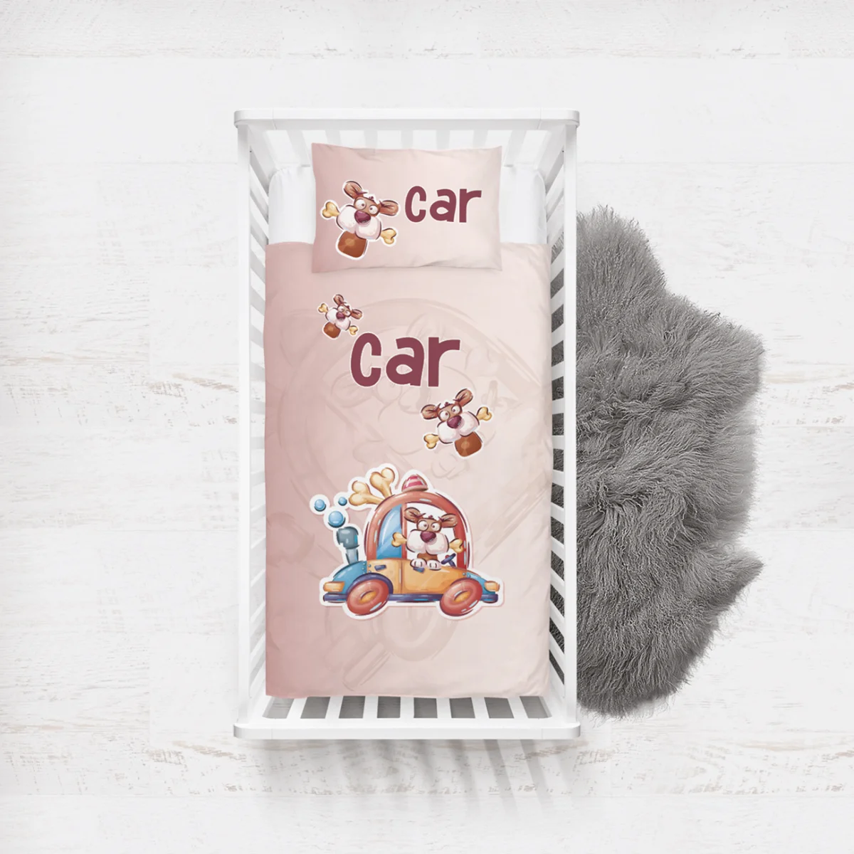 Köpek ve Araba Yatak Örtüsü ve Pike | Bej Kemik, yazı ve soyut desenler Desenli