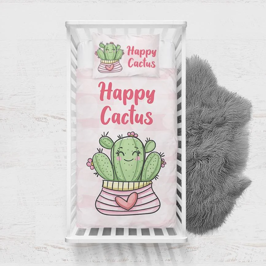 Kaktüs Yatak Örtüsü ve Pike | Beyaz pembe çizgili saksı, kalp Desenli