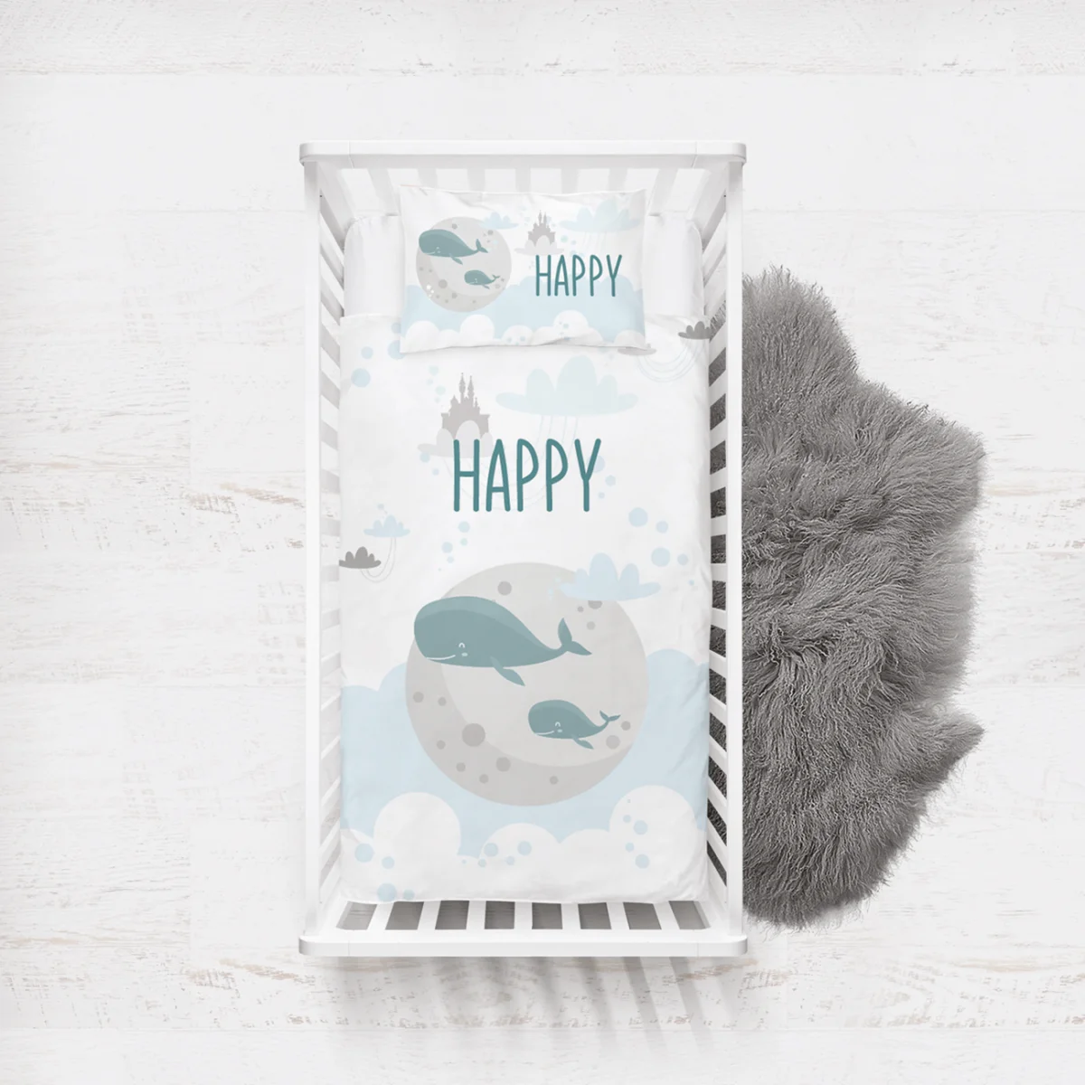 Balina Yatak Örtüsü ve Pike | Beyaz Bulut, ay Desenli