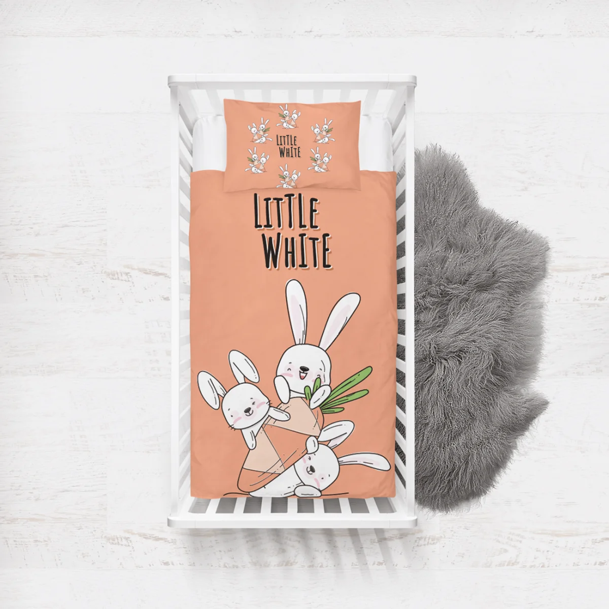 Tavşanlar Yatak Örtüsü ve Pike | Somon Sevimli beyaz tavşanlar, havuçlar Desenli