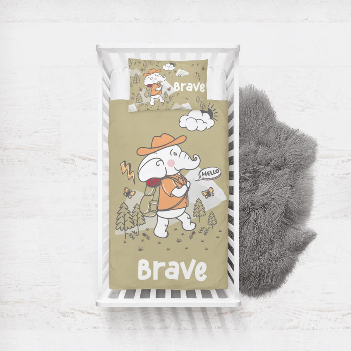 Maceracı Fil Yatak Örtüsü ve Pike | Haki dağlar, ağaçlar Desenli