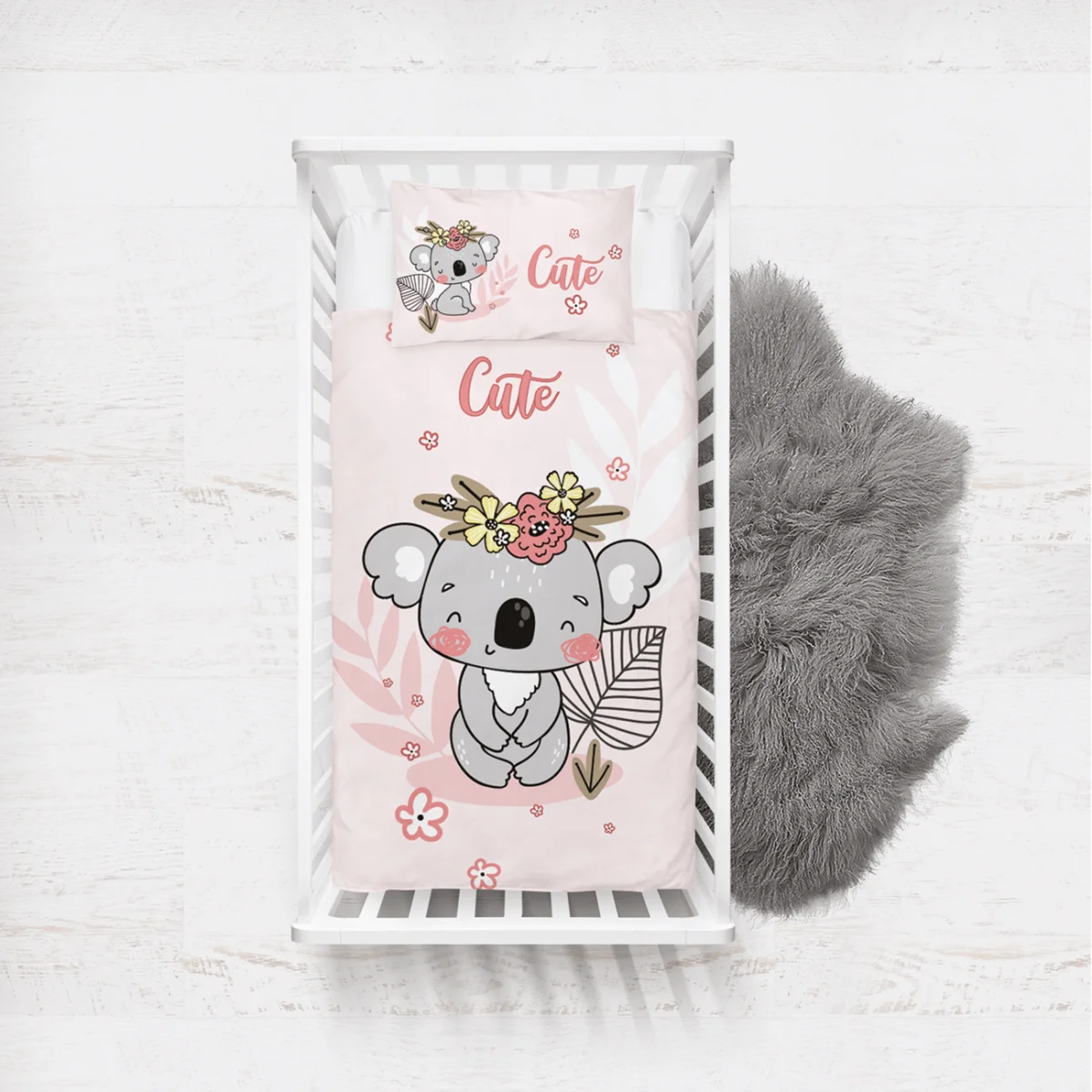 Koala Yatak Örtüsü ve Pike | Pembe çiçekler, yapraklar Desenli