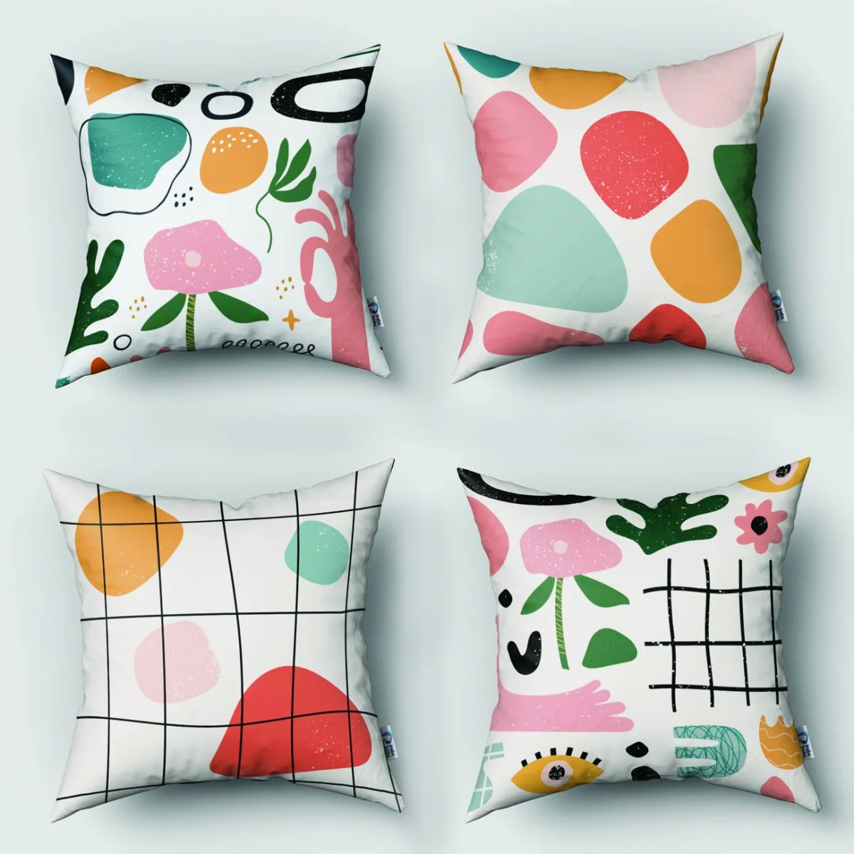 Soyut desenler 4lü Kırlent | Beyaz Organik şekiller, bitkisel figürler Desenli