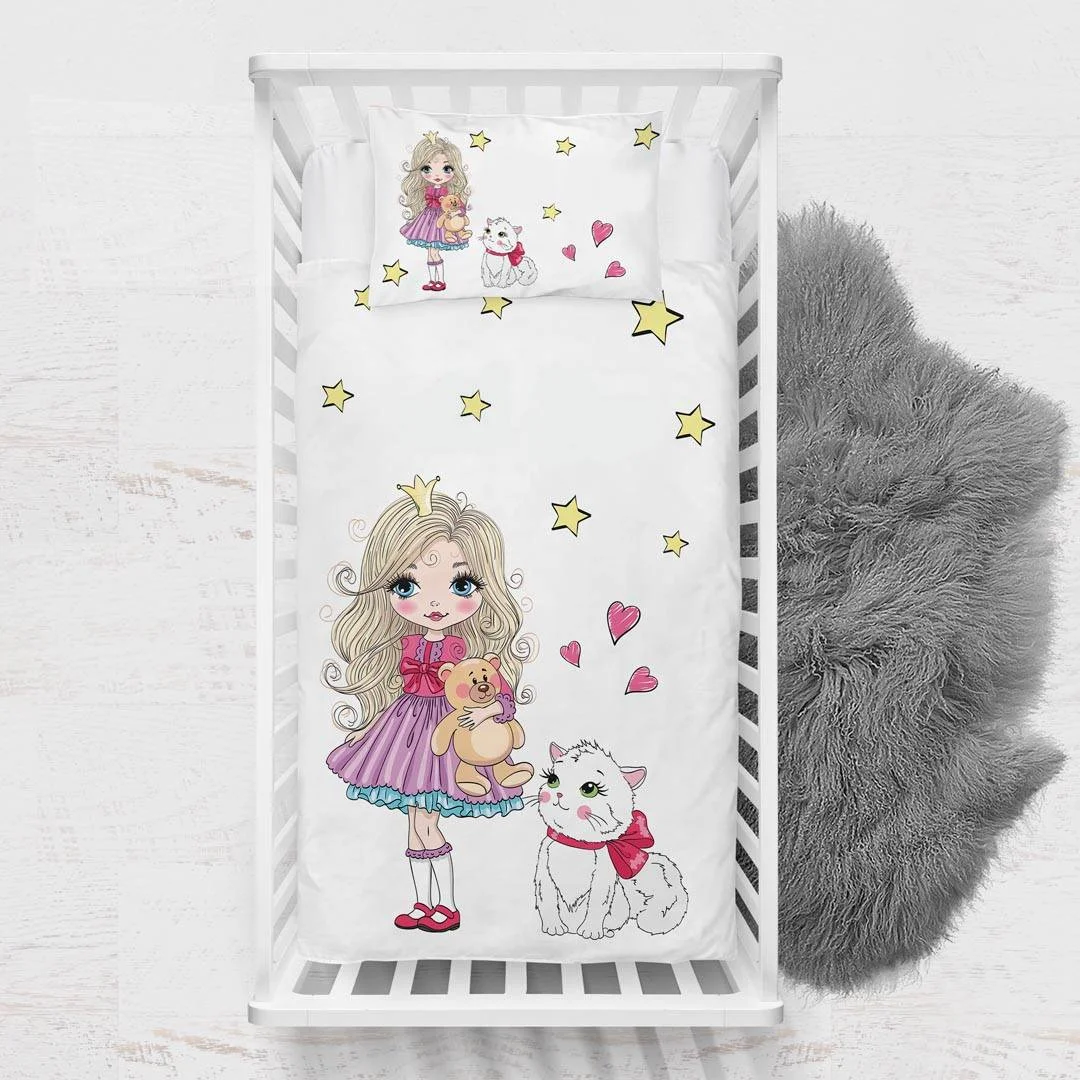 Prenses Yatak Örtüsü ve Pike | Beyaz yıldızlar, kalpler Desenli