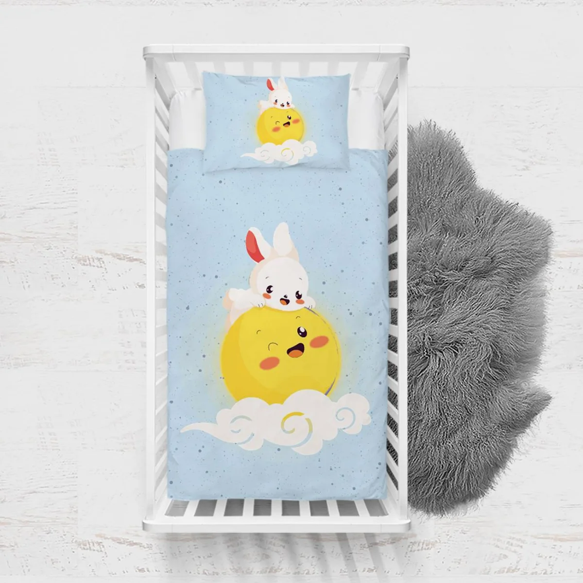 Ayda Tavşan Yatak Örtüsü ve Pike | Mavi yıldız, bulut Desenli