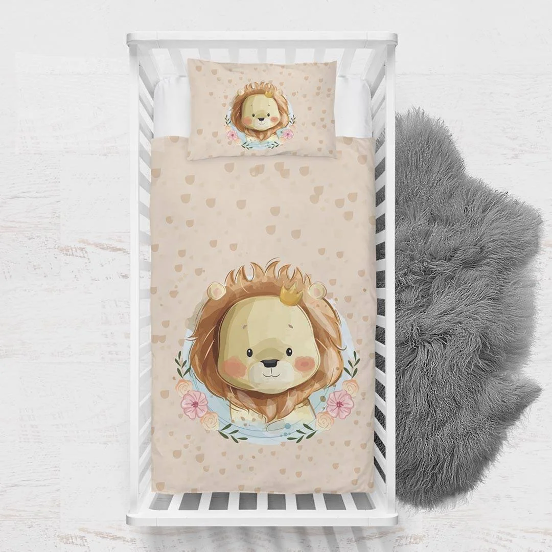 Orman Hayvanları Yatak Örtüsü ve Pike | Bej kalpler, çiçekler Desenli