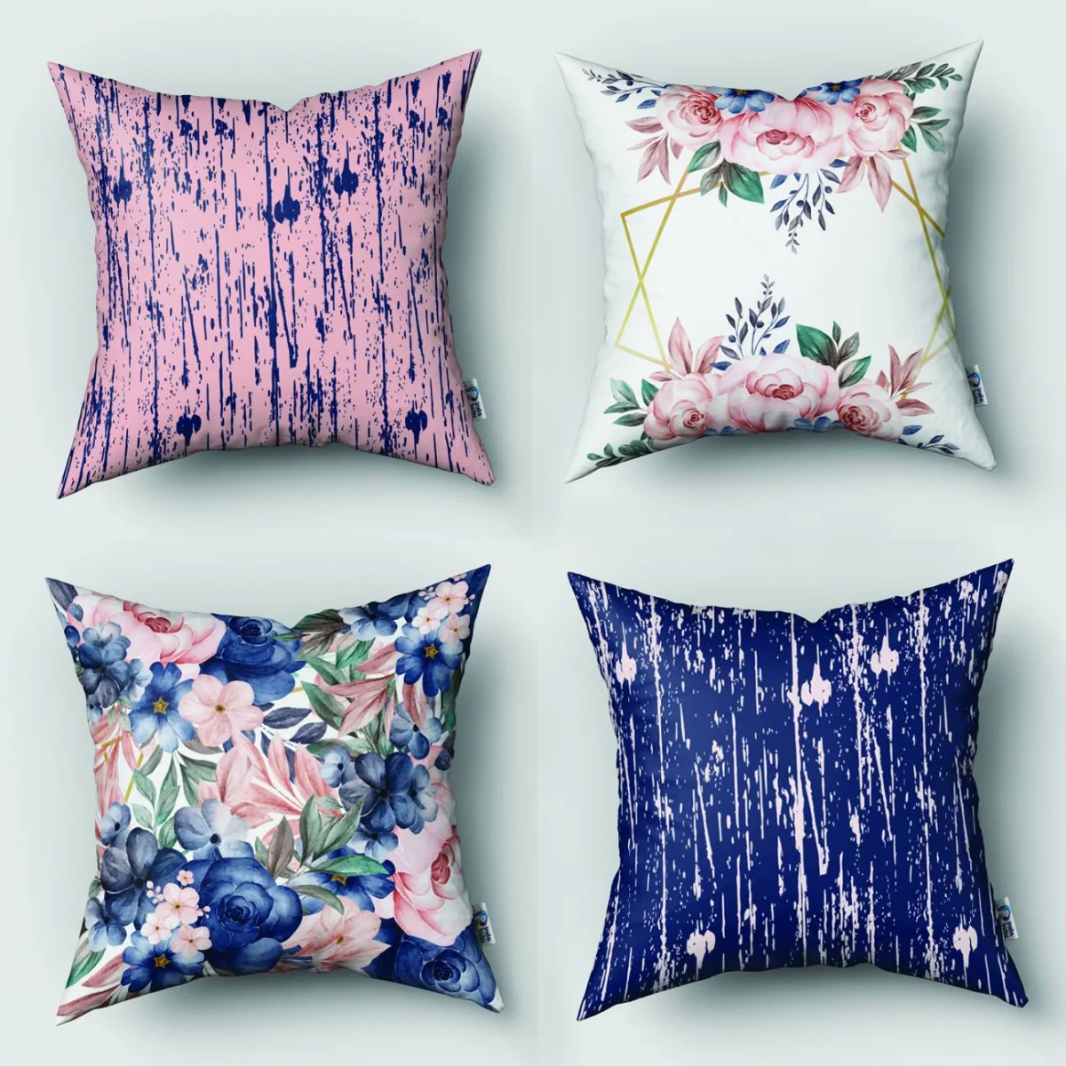 Çiçekli 4lü Kırlent | Beyaz çiçekler, yapraklar Desenli