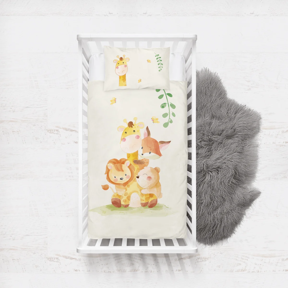 Orman Hayvanları Yatak Örtüsü ve Pike | Beyaz küçük kuşlar, yapraklar Desenli