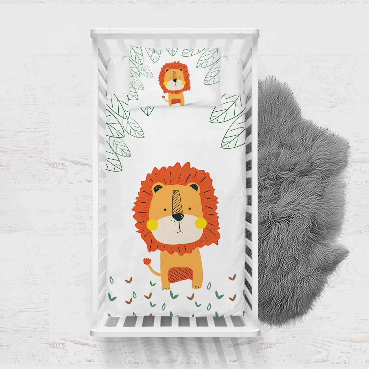 Aslan Yatak Örtüsü ve Pike | Beyaz Yeşil yapraklar, küçük kahverengi ve yeşil yapraklar Desenli