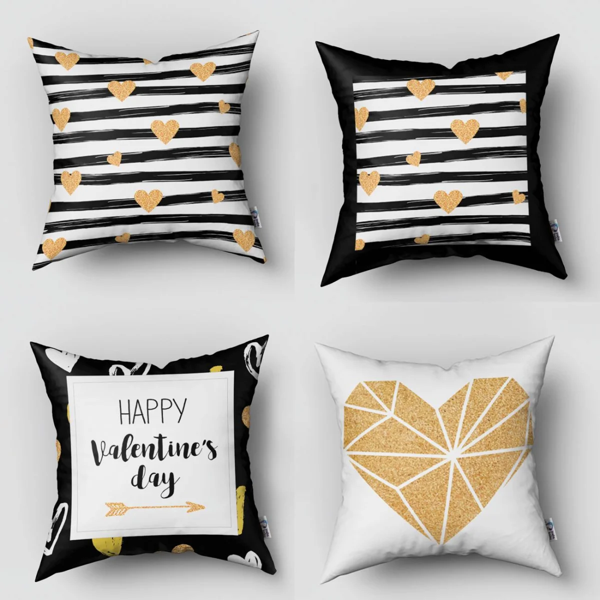 kalp 4lü Kırlent | beyaz simli, çizgili Desenli