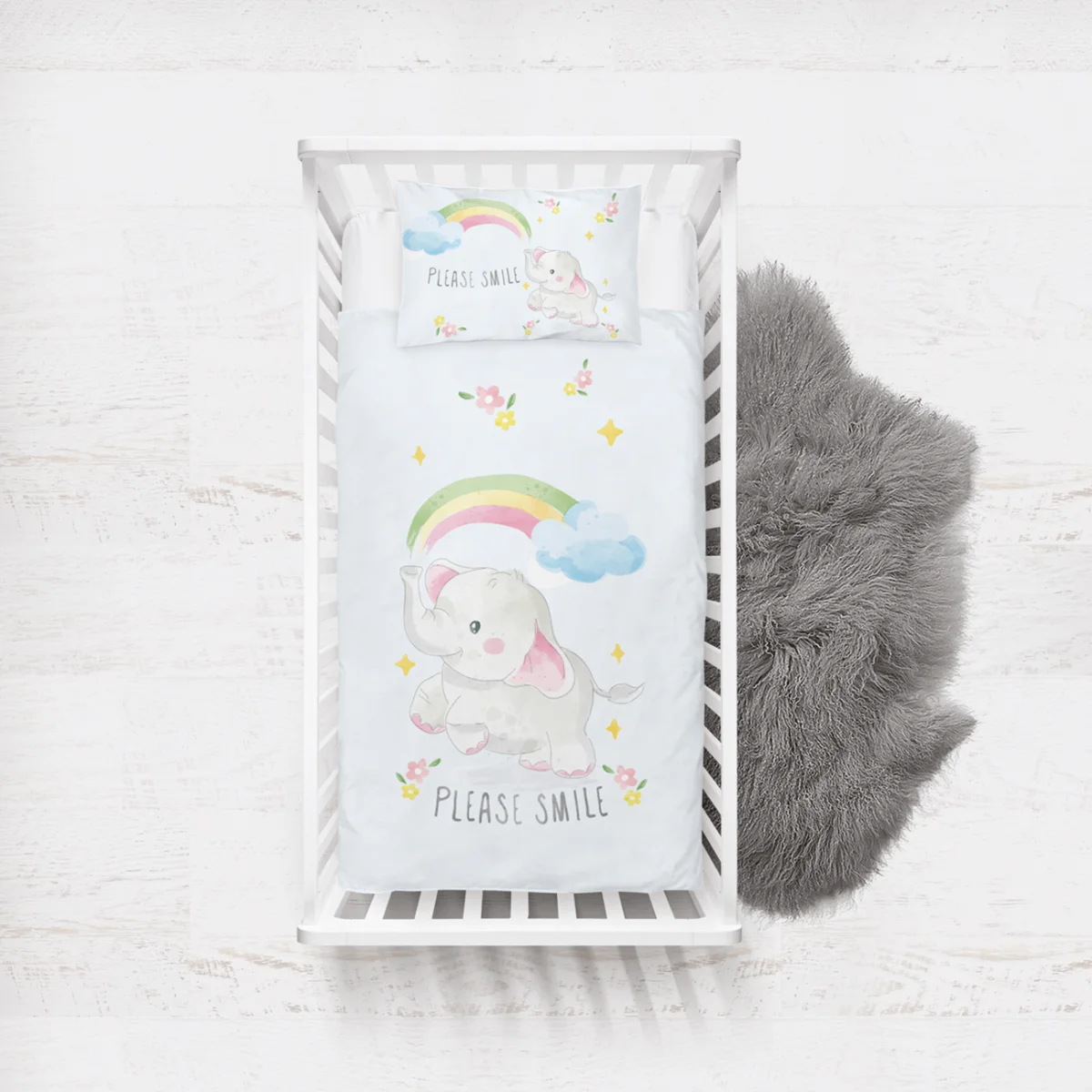 Fil Yatak Örtüsü ve Pike | Açık Mavi gökkuşağı, bulutlar Desenli