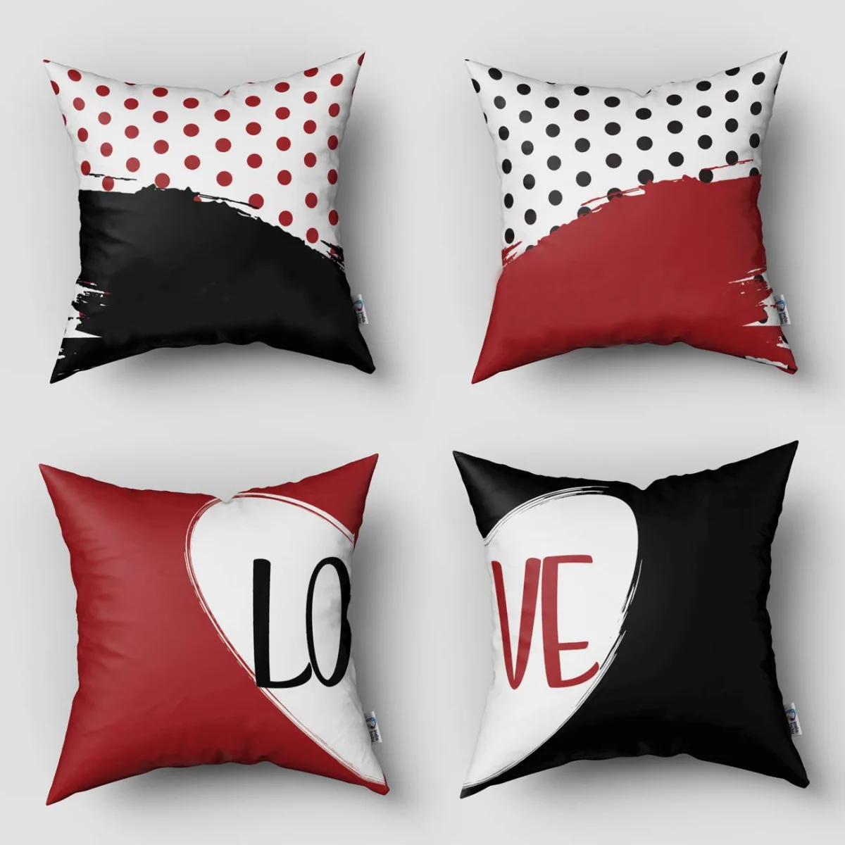 Aşk 4lü Kırlent | Kırmızı, Siyah, Beyaz puantiyeli, fırça darbesi Desenli