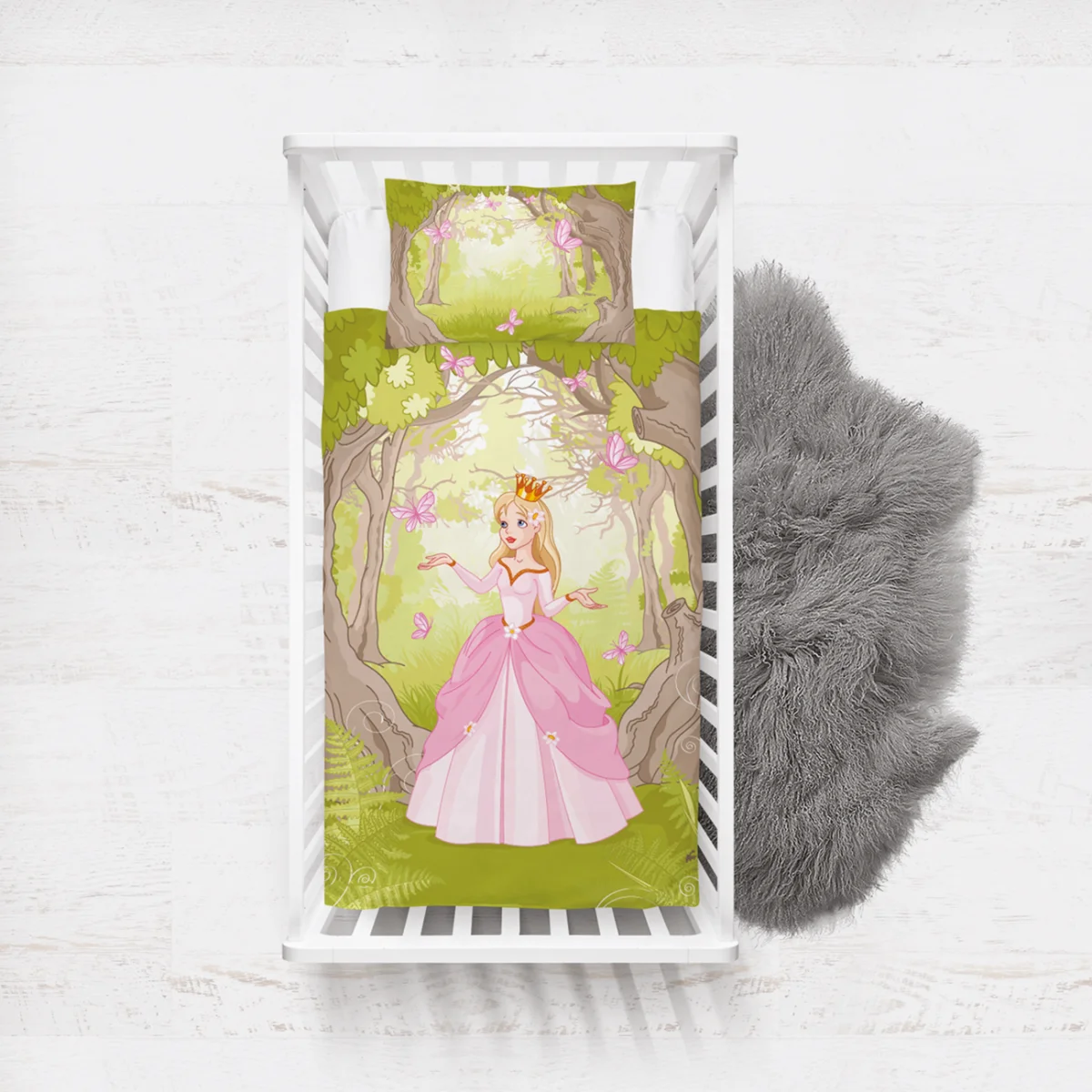 Prenses Yatak Örtüsü ve Pike | Yeşil Kelebekler, ağaçlar Desenli