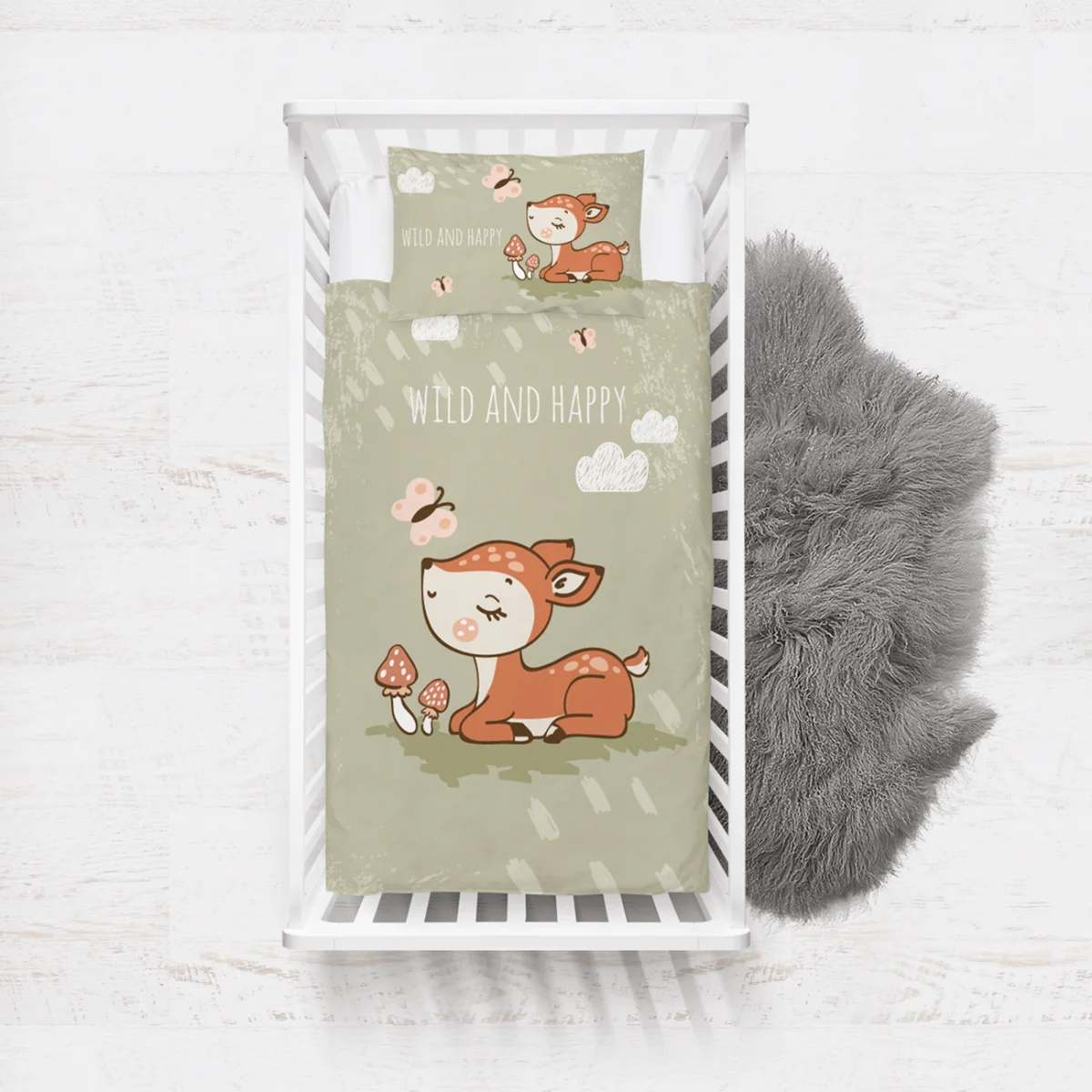 Orman Hayvanları Yatak Örtüsü ve Pike | Yeşil kelebekler, bulutlar Desenli