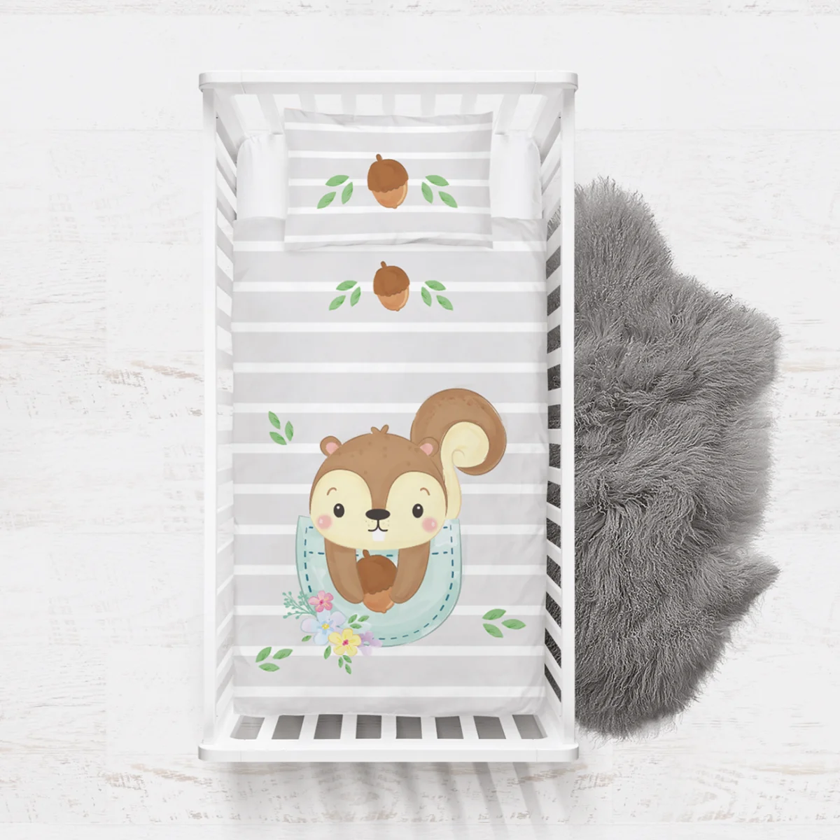 Orman Hayvanları Yatak Örtüsü ve Pike | Mavi yapraklar, çiçekler Desenli